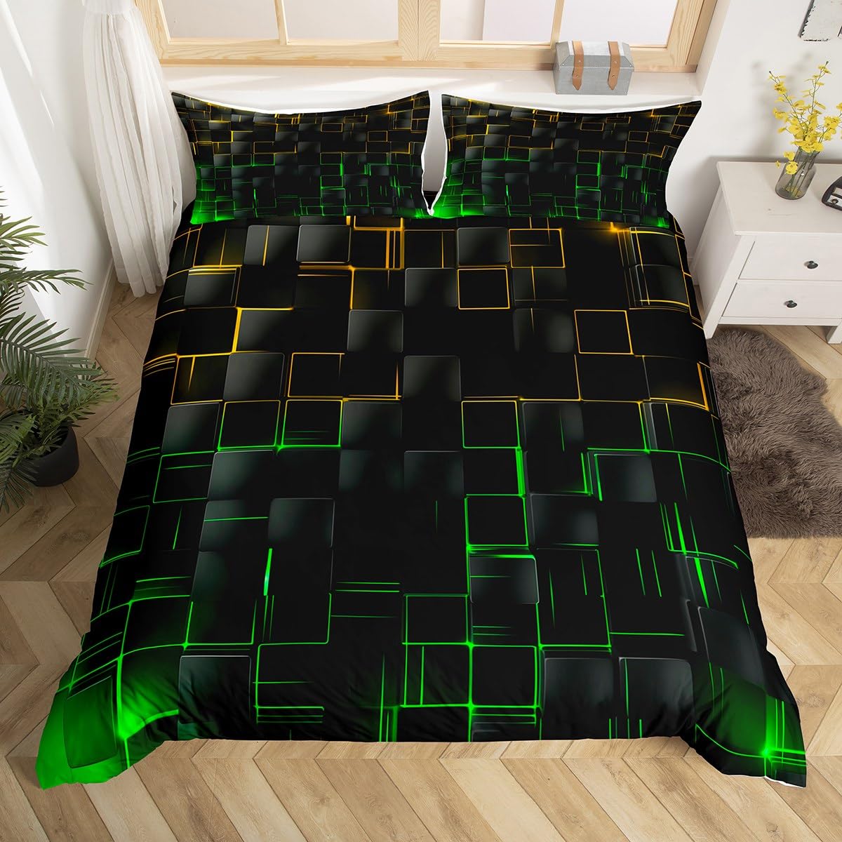 Manfei Yellow and Green Duvet Cover Set Single Size, Abstract Geometric Grid Comforter Cover with 1 Pillowcase, Black Square Lattice Bedding Set 2pcs for Kids Boys Adults Lightweight Bedspread Cover โ image 1