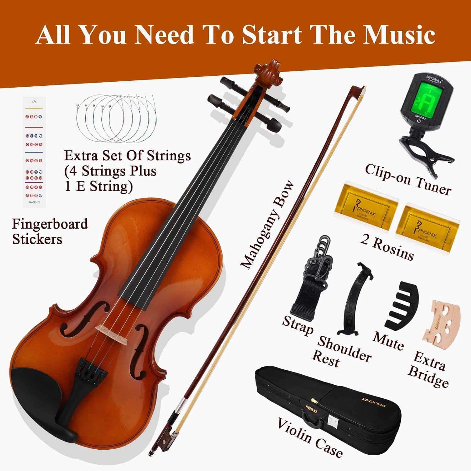 PHOENIX Violon 4/4 adulte Kit complet pour, Ensemble de Violon Pour Débutants Adultes Avec archet En Bois de Rose, Cordes et Chevalet Supplémentaires,Une Série D'accessoires (Plywood, Full)