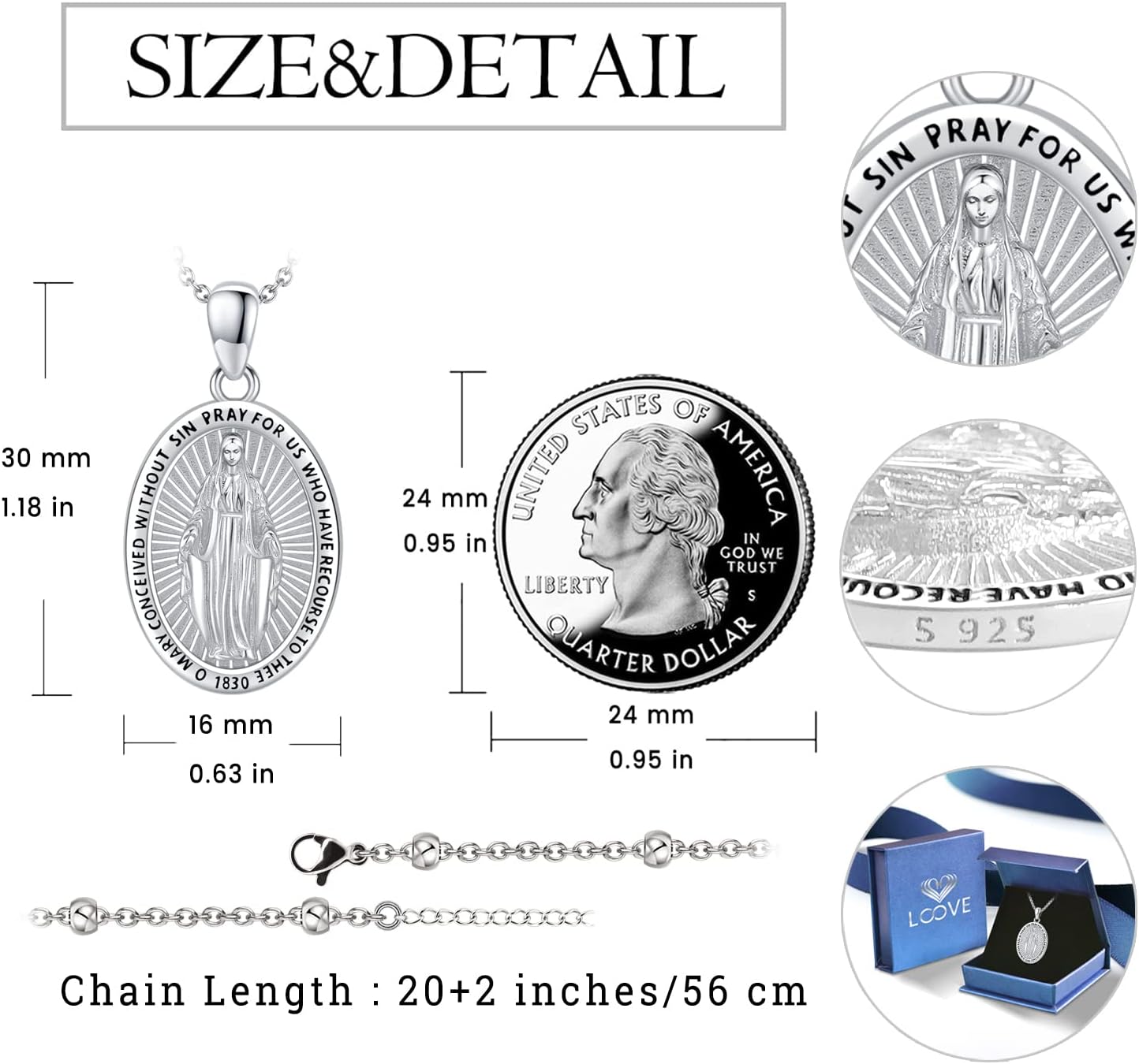 S925 Sterling Silver Miraculous Medal Necklace for Women Men Catholic Virgin Mary Charm Pendant Necklace Blessed Mother Pendant Christian Jewelry - Image 4