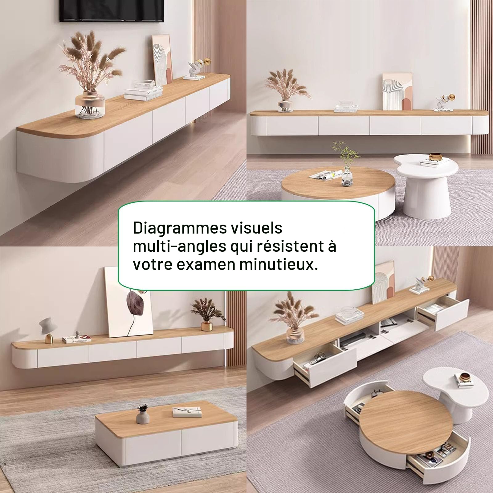 Meuble TV suspendu en bois massif pour salon, maison, table basse, support TV 140, 160, 180, 200, 220, 240 cm, plusieurs tailles (Blanc-Marron, 160 x 20 x 24 cm)