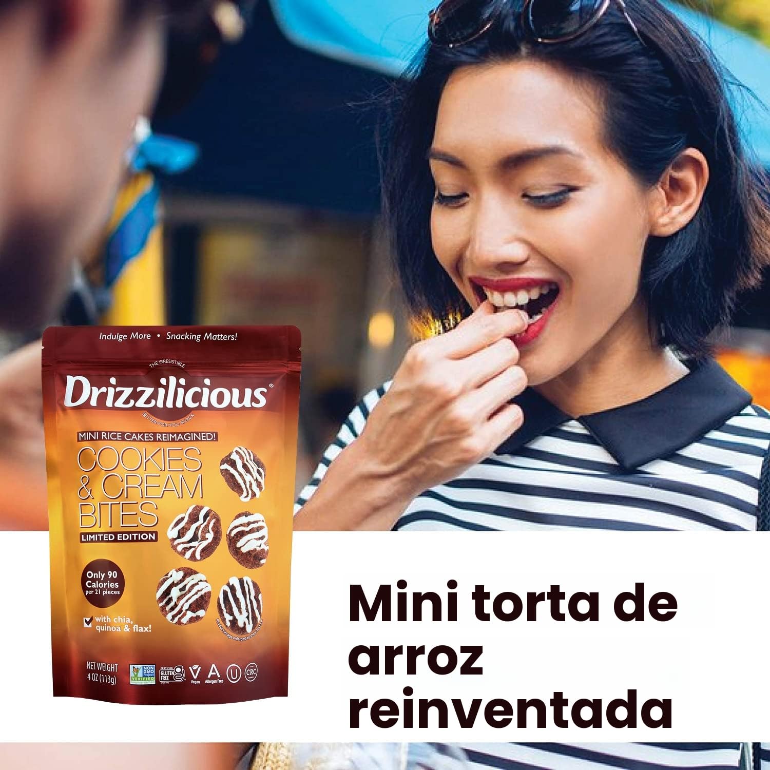 Drizzilicious Cookies & Cream Paquete de 10 | Mini bocadillo de pasteles de arroz de chocolate | Chía, Quinoa, Snacks de lino veganos