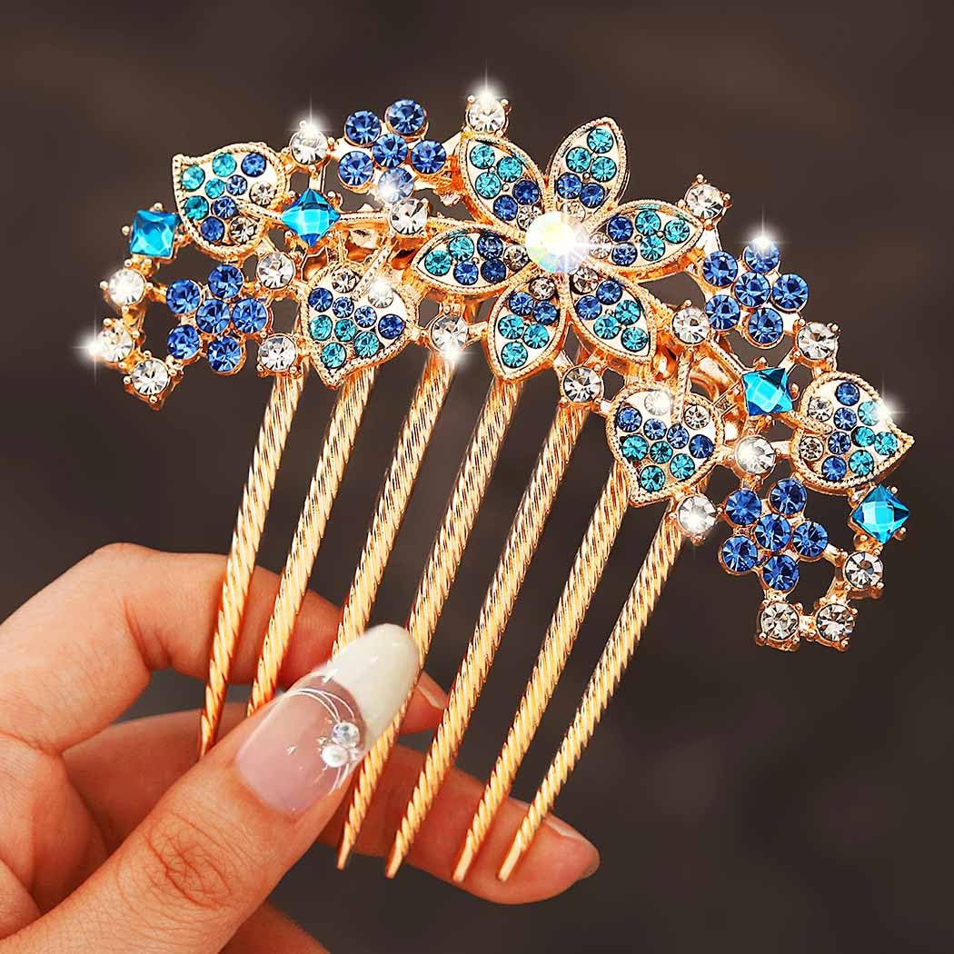 Jovono Rhinestone Flower Bride Wedding Hair Comb Gold Crystal Bridal Hair Pieces Vintage Hair Accessories for Women(Blue) - Image 2