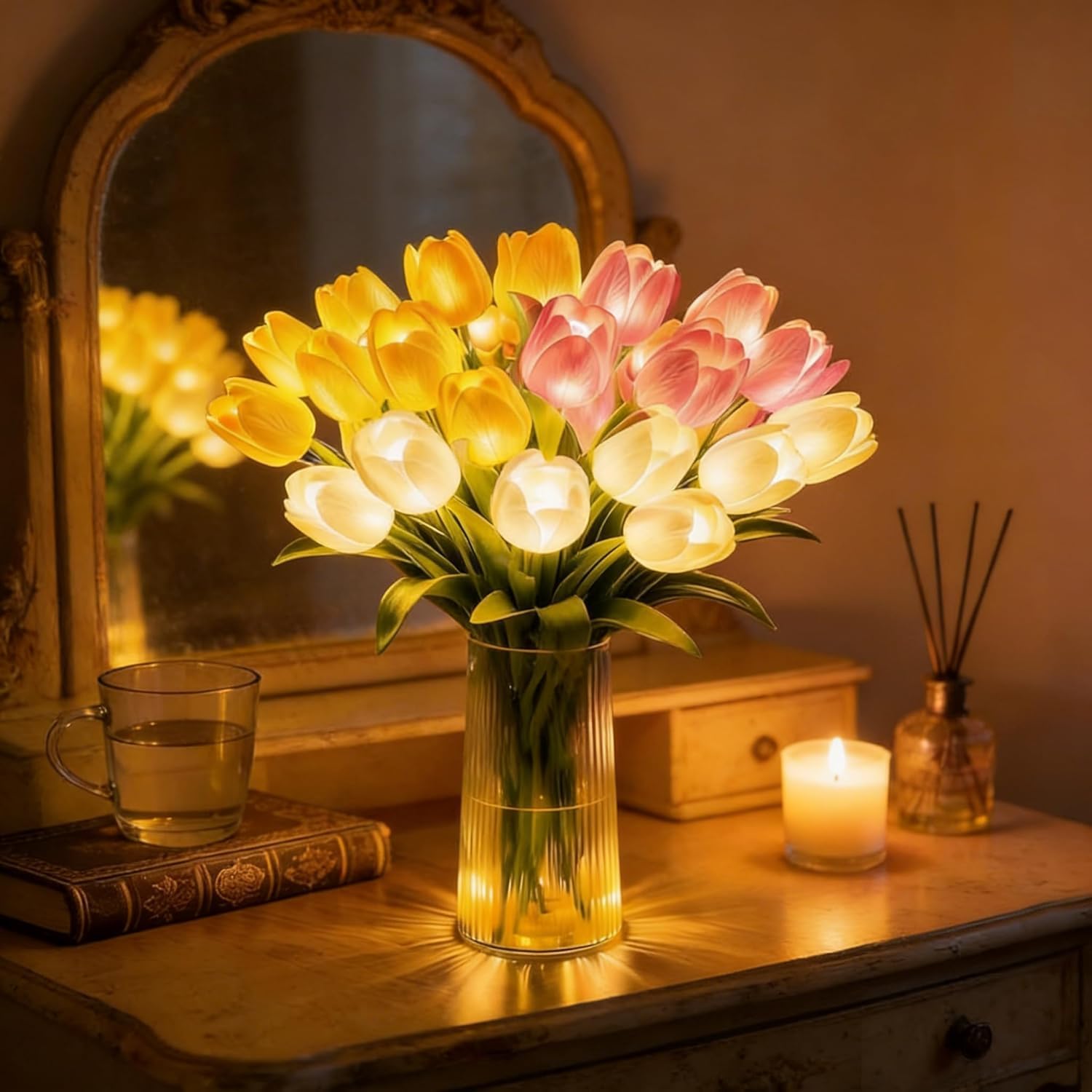 Tulip Light, Radiant Romantic Tulip Light, Twinkling Tree Tulips, LED Artificial Flowers Ambient Night Lamp, Gentle Lighting, for Bedroom Bedside Decor, with Vase (Mixed with Vase)