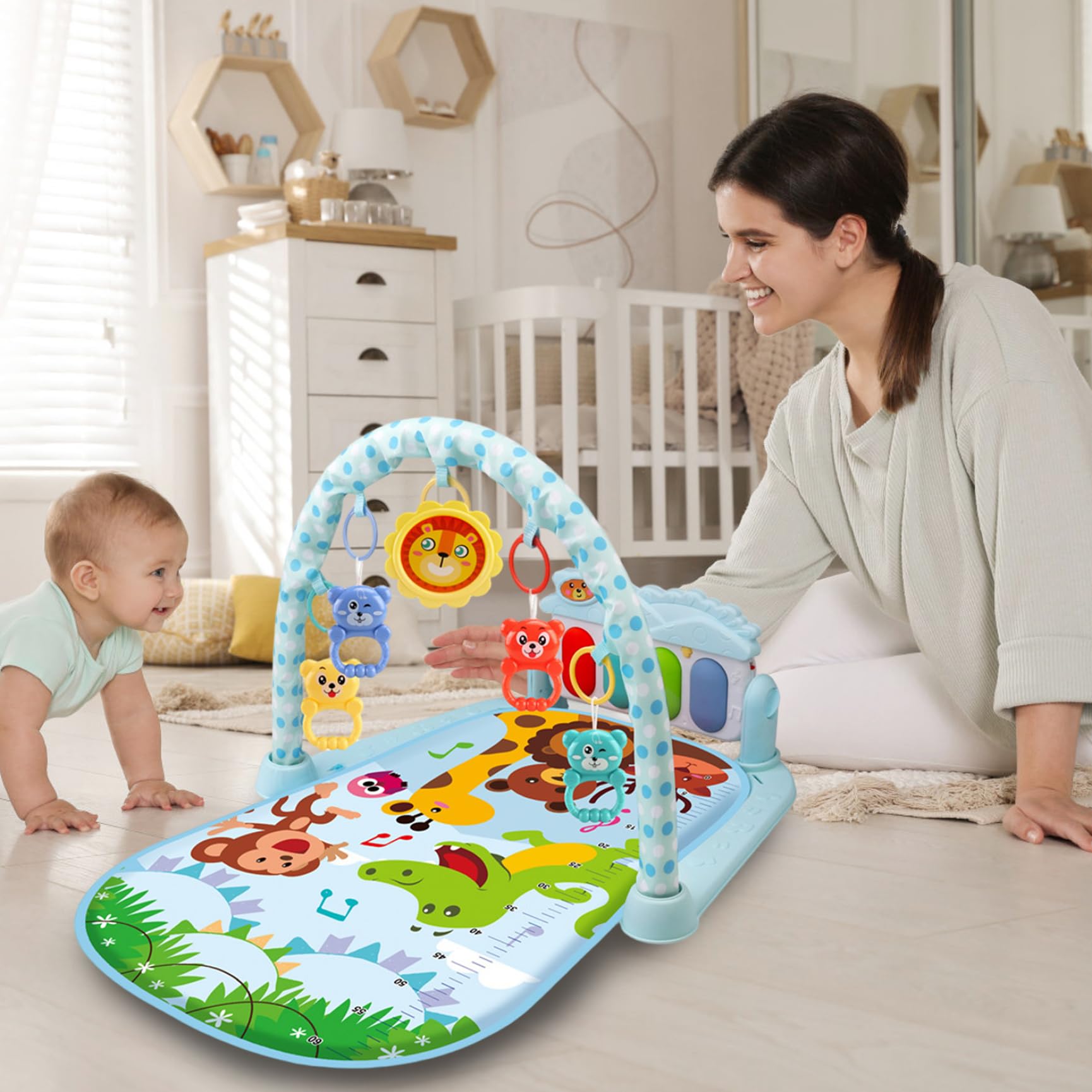Tappetino da gioco per il momento della pancia del bambino, con musica e luce, tappetino da palestra per calciare e suonare il pianoforte, da gioco per bambini con ciondolo a sonaglino