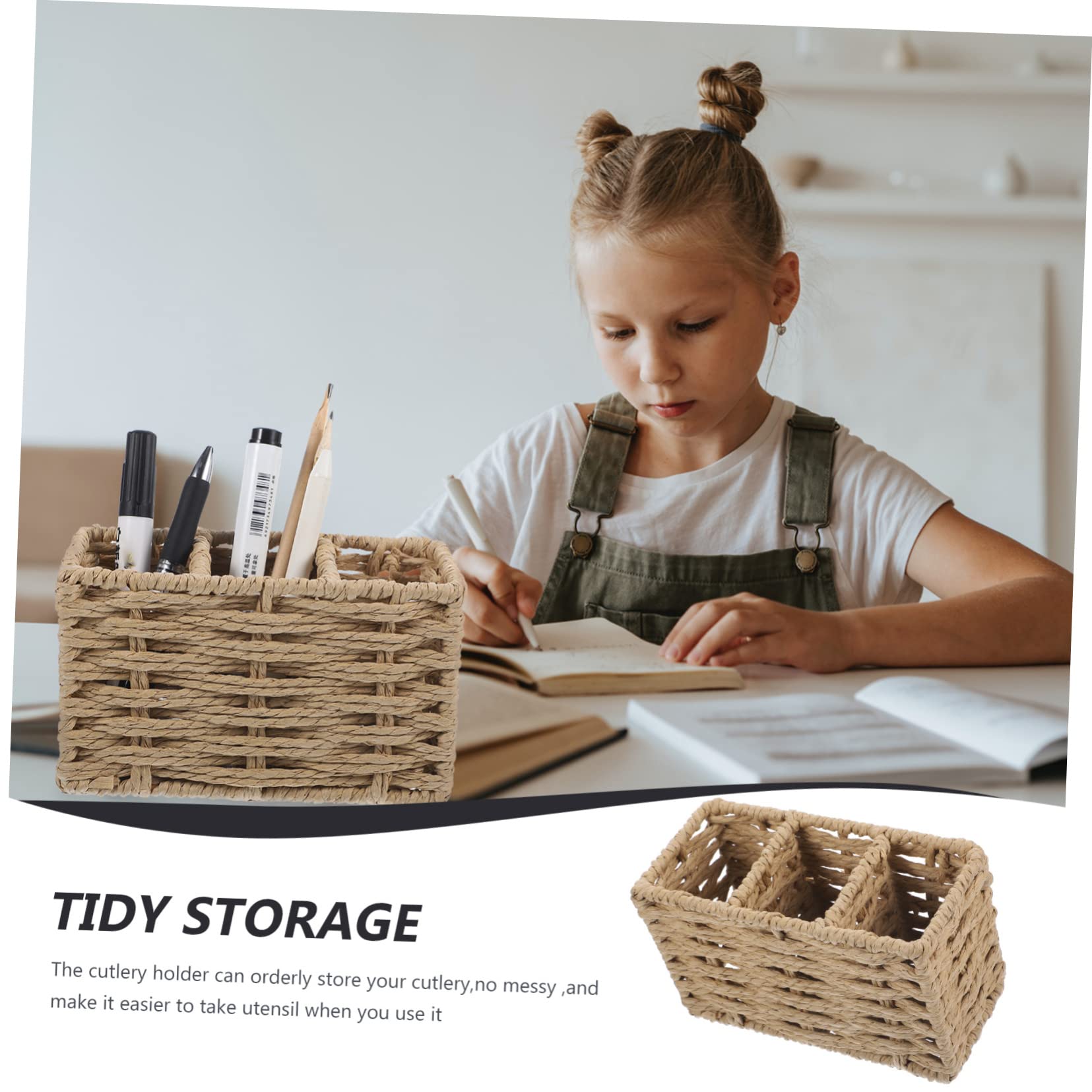 PRETYZOOM Cesta De Almacenamiento Tejida De Cuerda De Papel Beige para Cubiertos y Utensilios De Cocina Soporte Organizador para Tenedores y Cucharas para Hogar y Restaurantes
