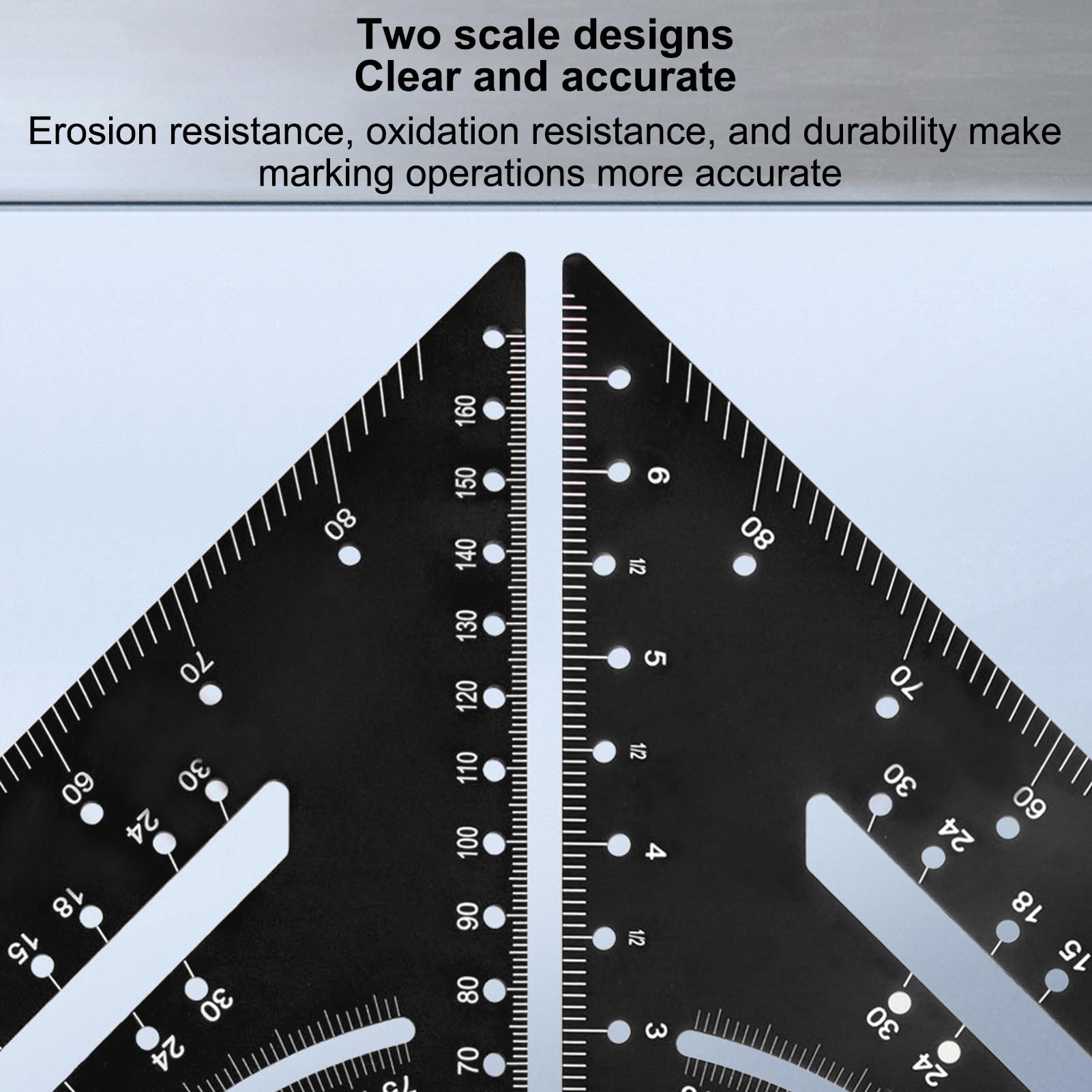 Righello Triangolare in Alluminio, Righello Triangolare per la Lavorazione del Legno con Scale Precise a 30°, 45°, 60° e 90°, Righello ad Angolo retto metrico inciso.
