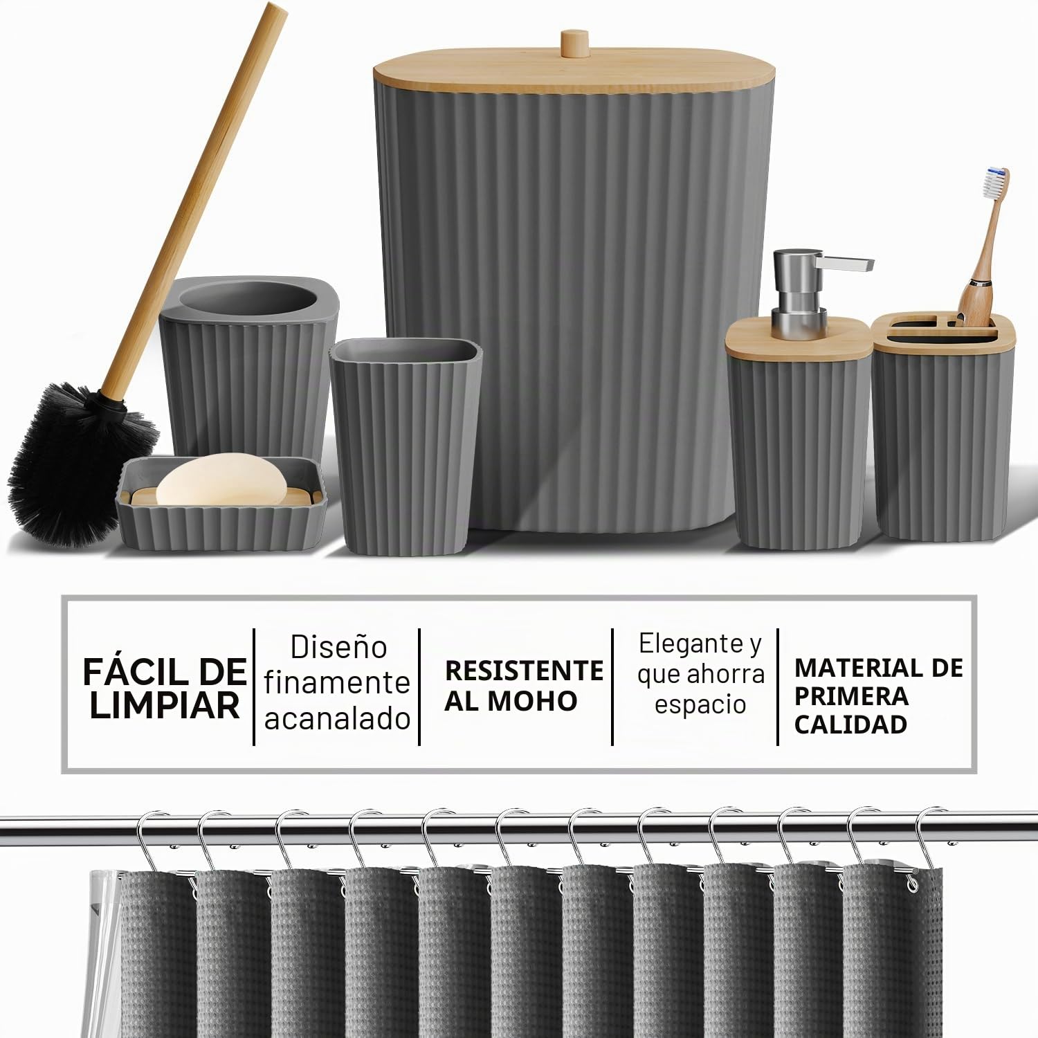 Clara Clark Juego de Accesorios de baño, Juego de baño Gris, Juego de Accesorios de baño de 20 Piezas, Juego de Cortina de Ducha, Cepillo de Inodoro, Bote de Basura y dispensador de jabón