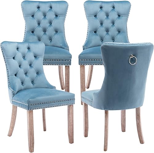 Miniatura 17 de Juego de 6 Sillas de Comedor Tapizadas en Terciopelo, Sillas Laterales de Cocina de Estilo Moderno con Ribete de Tachuelas y Patas de Madera, Anillo