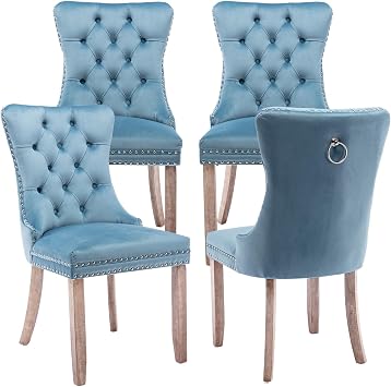 Velvet Upholstered Dining Chairs Set of 4, Modern Style Kitchen Side Chairs with Nailhead Trim and Wood Legs,Metal Pulling Ring for Dining Room Living RoomSky Blue,Set of 4