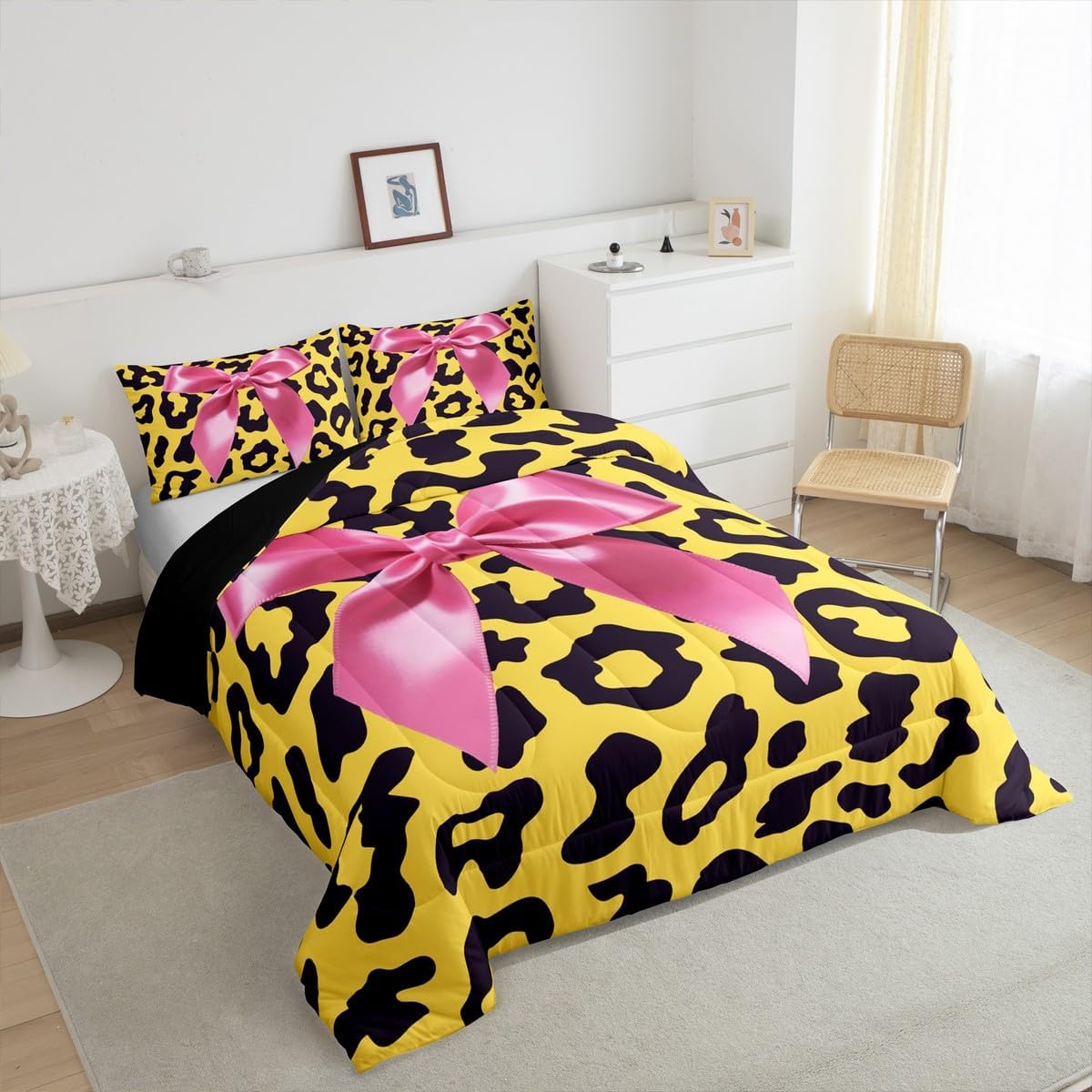 Erosebridal Pink Coquette Bow Toddler Bedding Set,Leopard Print Bows Comforter Sets for Girls Kids,Pink Ribbon Bow Tie Bed Set,Princess Bowknot Girly Bedroom Decor,1 Pillowcase Breathable