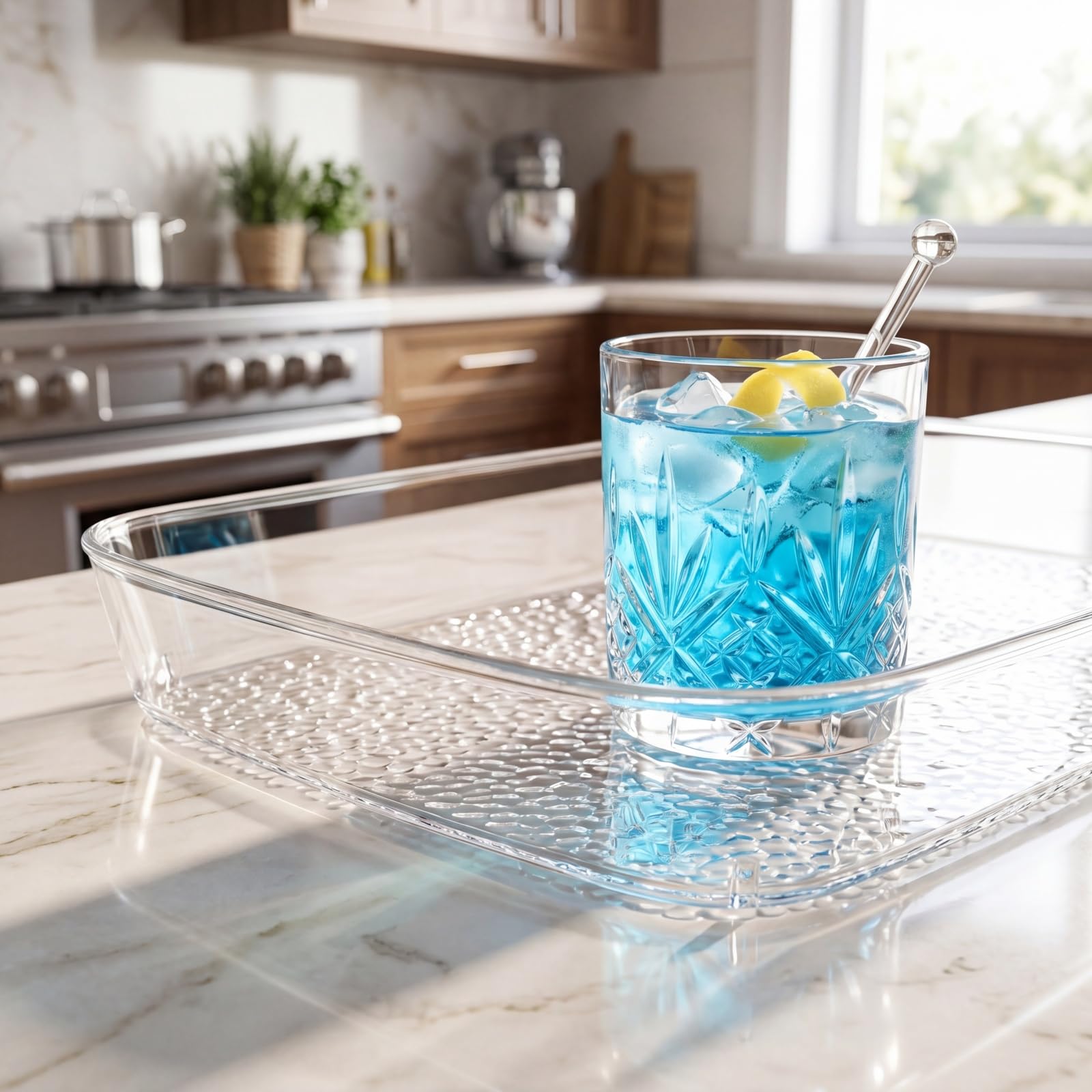 Lyellfe Paquete de 4 bandejas transparentes para servir, 15 x 10 pulgadas de profundidad, a prueba de derrames, mesa de café decorativa, bandeja de perfume para baño, mesa de comedor, armario de