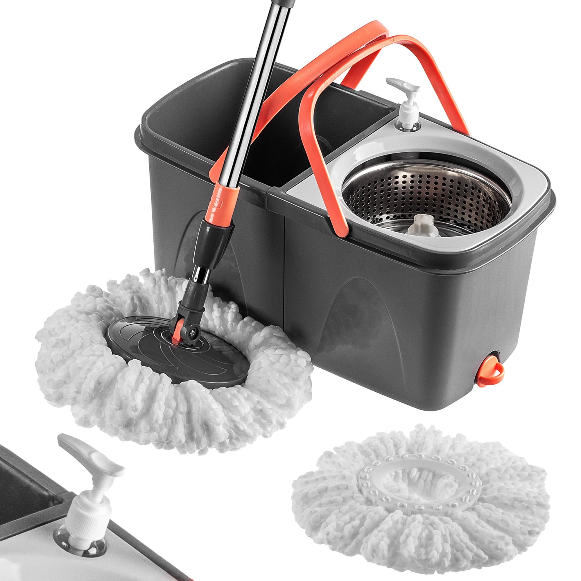 KADAX Dweilmop voor verschillende oppervlakken, robuuste vloerwisser met dubbele kamer-emmer, platte wisser met twee microvezel-inzetstukken (grijs/oranje