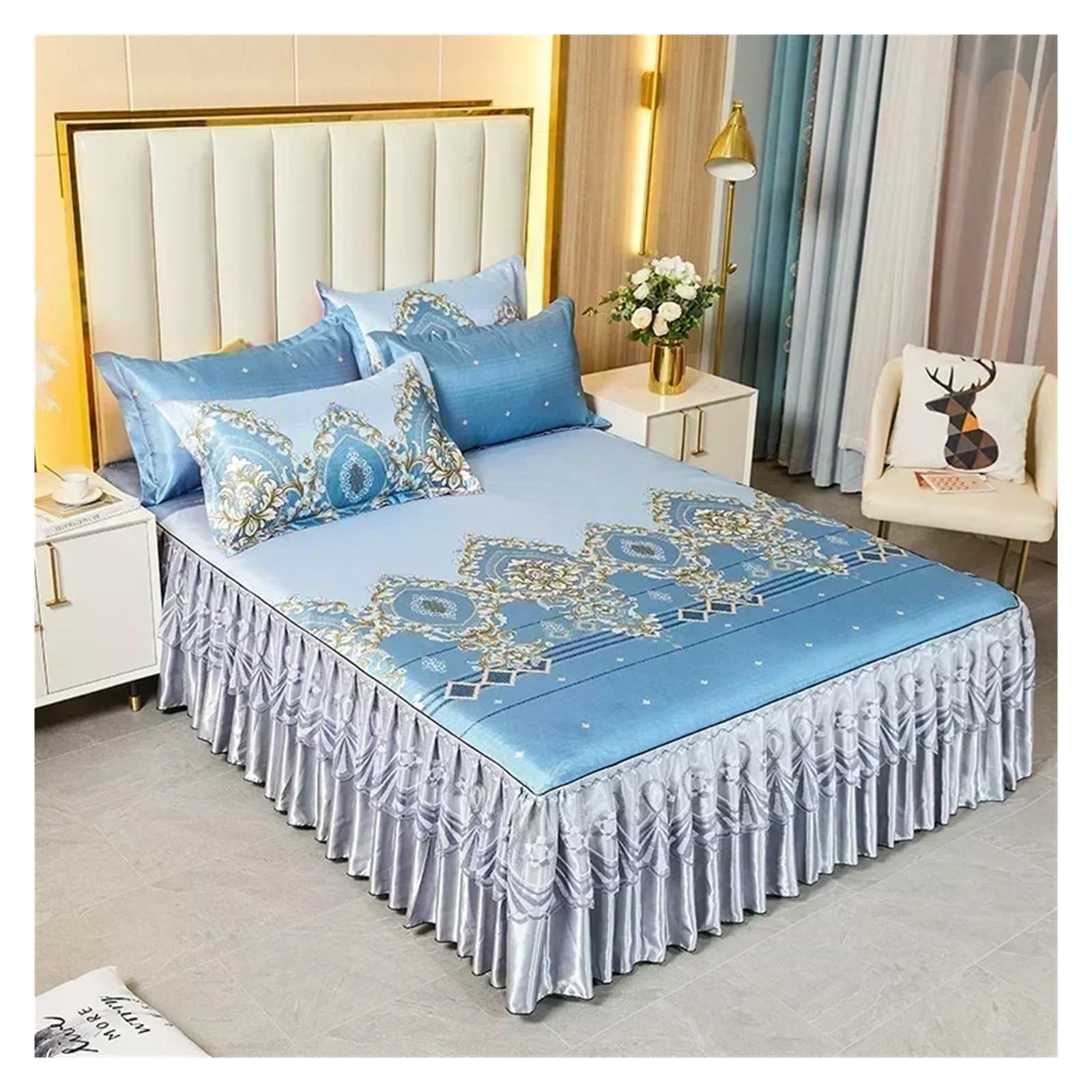 Bedding Set Folding Embroidered Sheets Bedding Bed Skirt King Queen Size Bed Sheet Set with Pillowcases(Color 9,3 pcs 180x220cm)