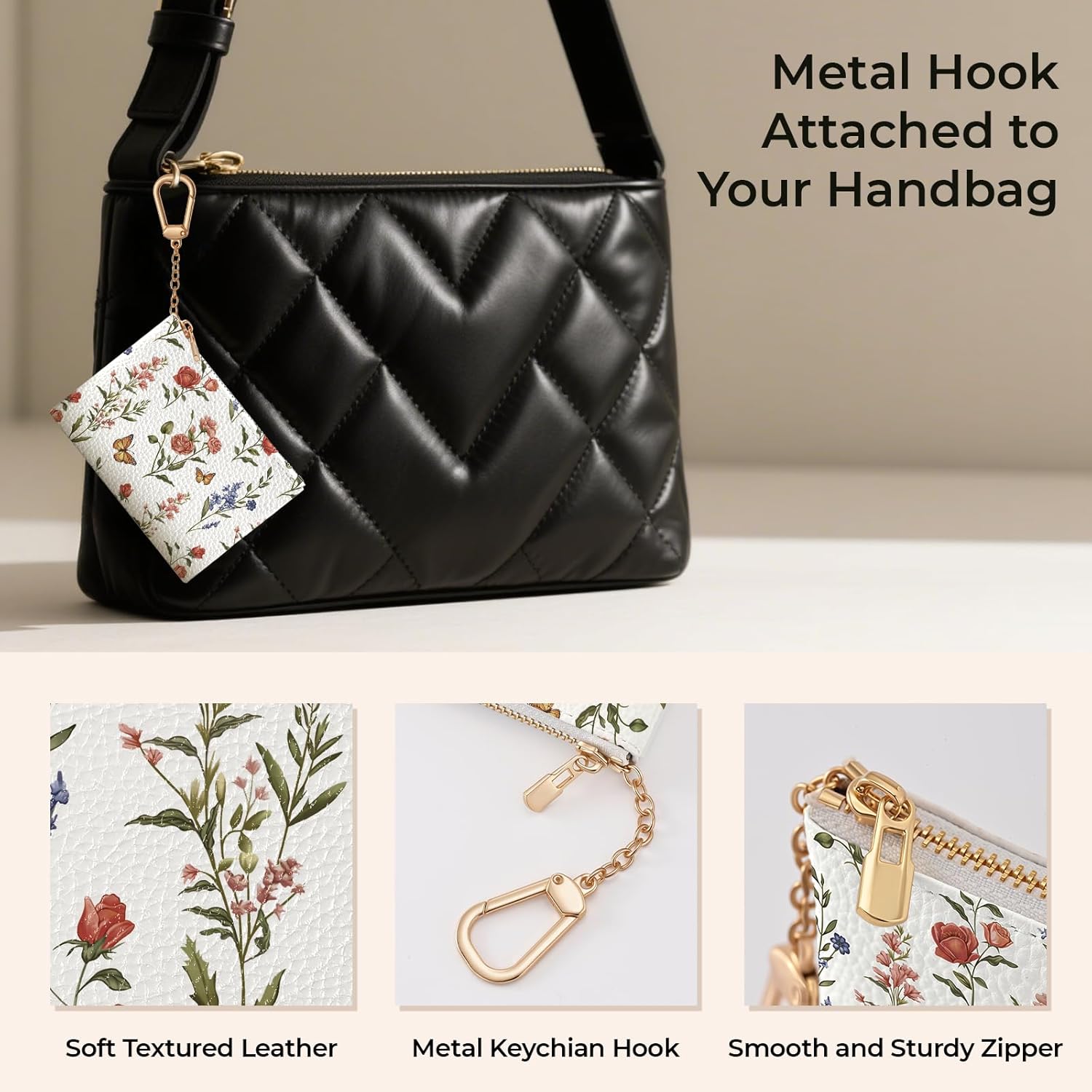 Colorful Flower with Butterfly Keychain Coin Purse for Women, Small PU Leather Change Pouch, Zipper Little Tiny Travel Wallet for Girls, Cute Kawaii Zip Pocket Coin Holder with Key Ring - Image 4