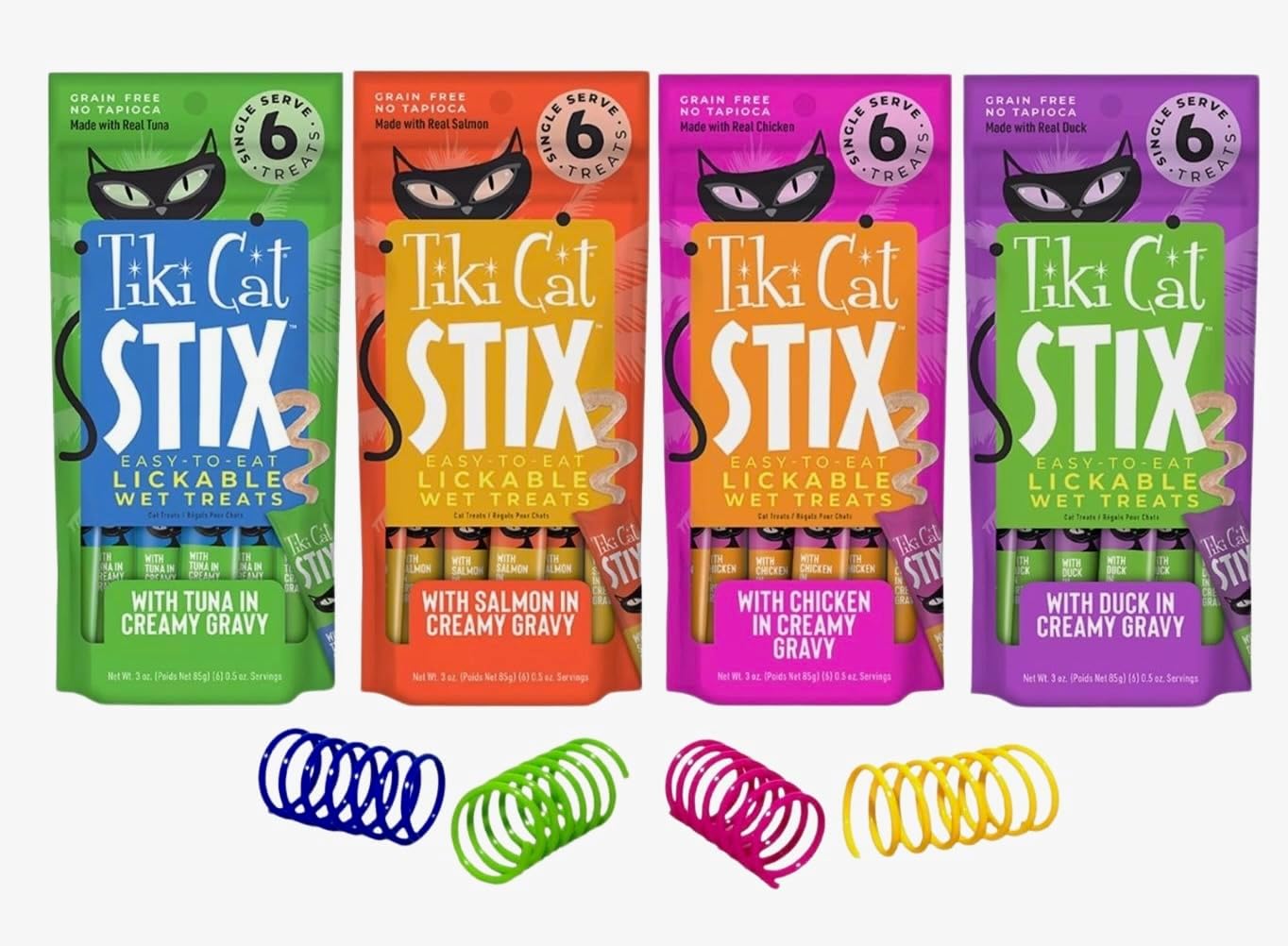 Tiki Cat Stix Wet Treats, Grain Free Lickable Smooth Mousse Blend with Tuna, Salmon, Chicken, Duck in Creamy Gravy 6 Stix in 1 Pouch (Pack of 4) with Cat Spring Toys