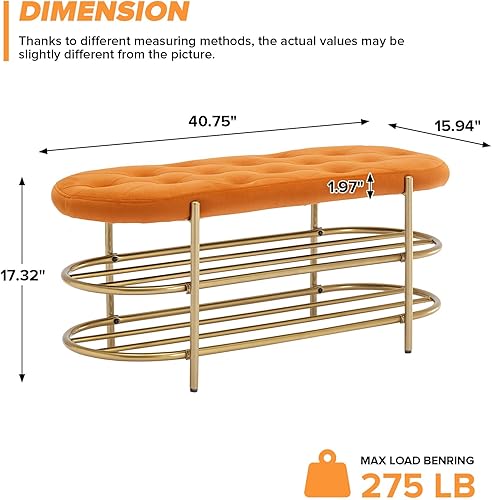 Miniatura 3 de Banco de terciopelo con almacenamiento, banco de extremo de cama con estante doble, banco tapizado para zapatos con patas doradas, para dormitorio,