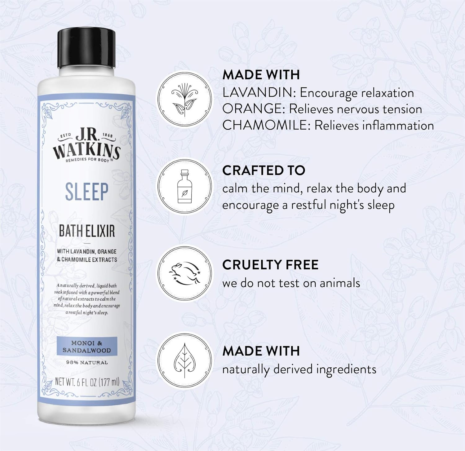 J.R. W Sleep Bath Elixir, Liquid Bath Soak, Monoi & Sandalwood with