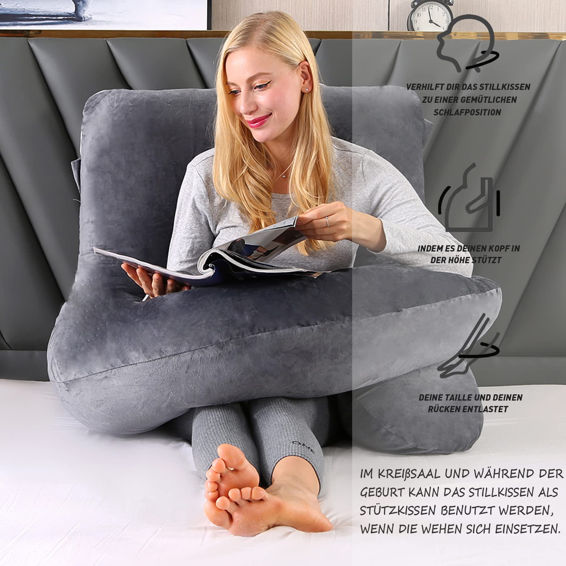 CALIYO Schwangerschaftskissen J Form,Stillkissen XXL-SeitenschläFerkissen mit Bezug,Pregnancy Pillow und Komfortkissen Erwachsene -Polsterung aus Baumwolle（Dunkelgrau,180×70cm）