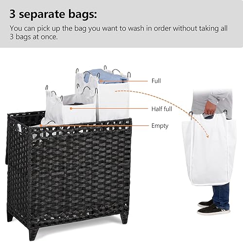 Miniatura 3 de Laundry Hamper with 3 Removable Liner Bags; 132L Handwoven Rattan Laundry Basket with Lid & Heightened Feet; Clothes Hamper with Side Handles; Negro