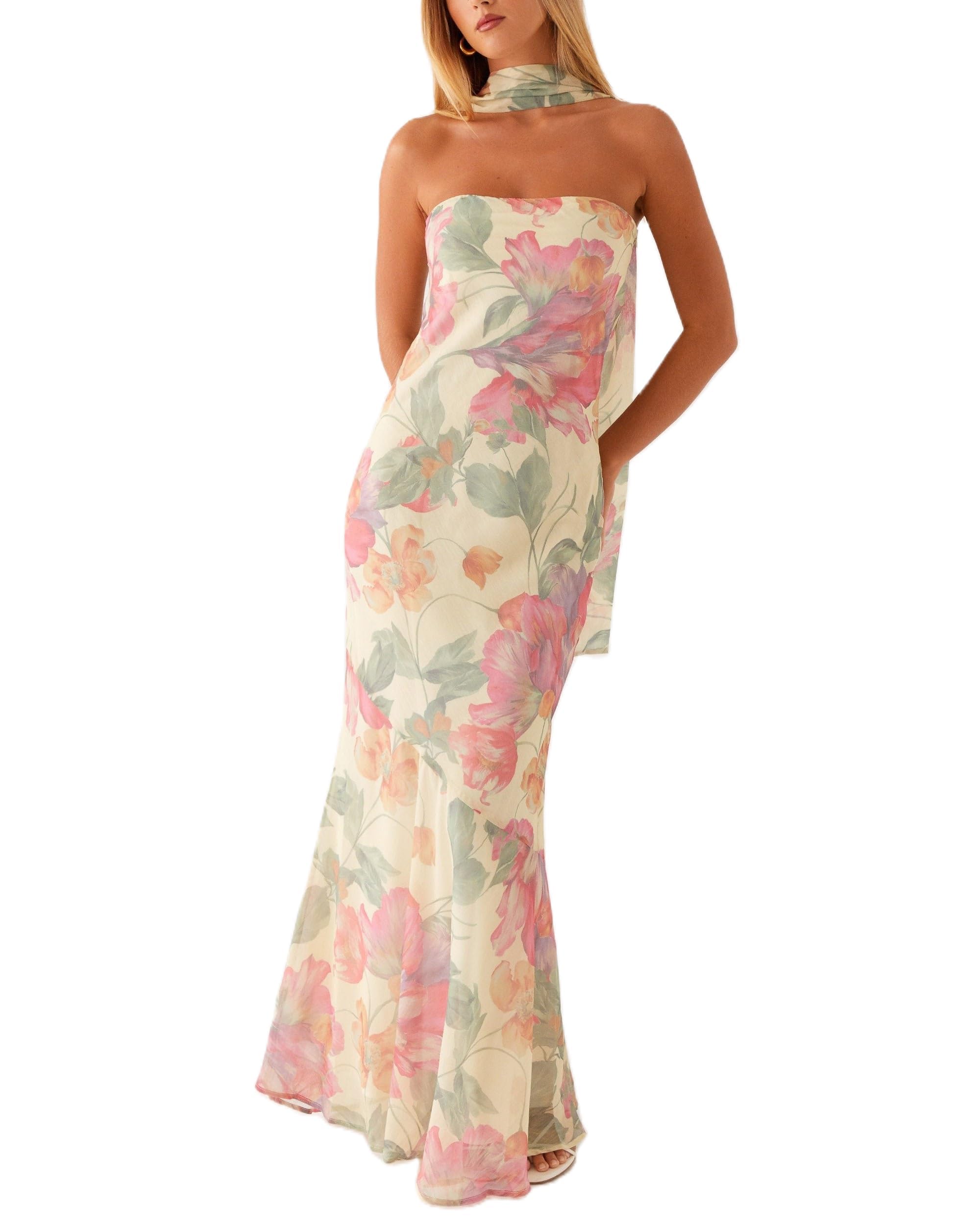 Women Strapless Floral Dress with Sarf Mesh Tube Maxi Dress Summer Cocktail Wedding Guest