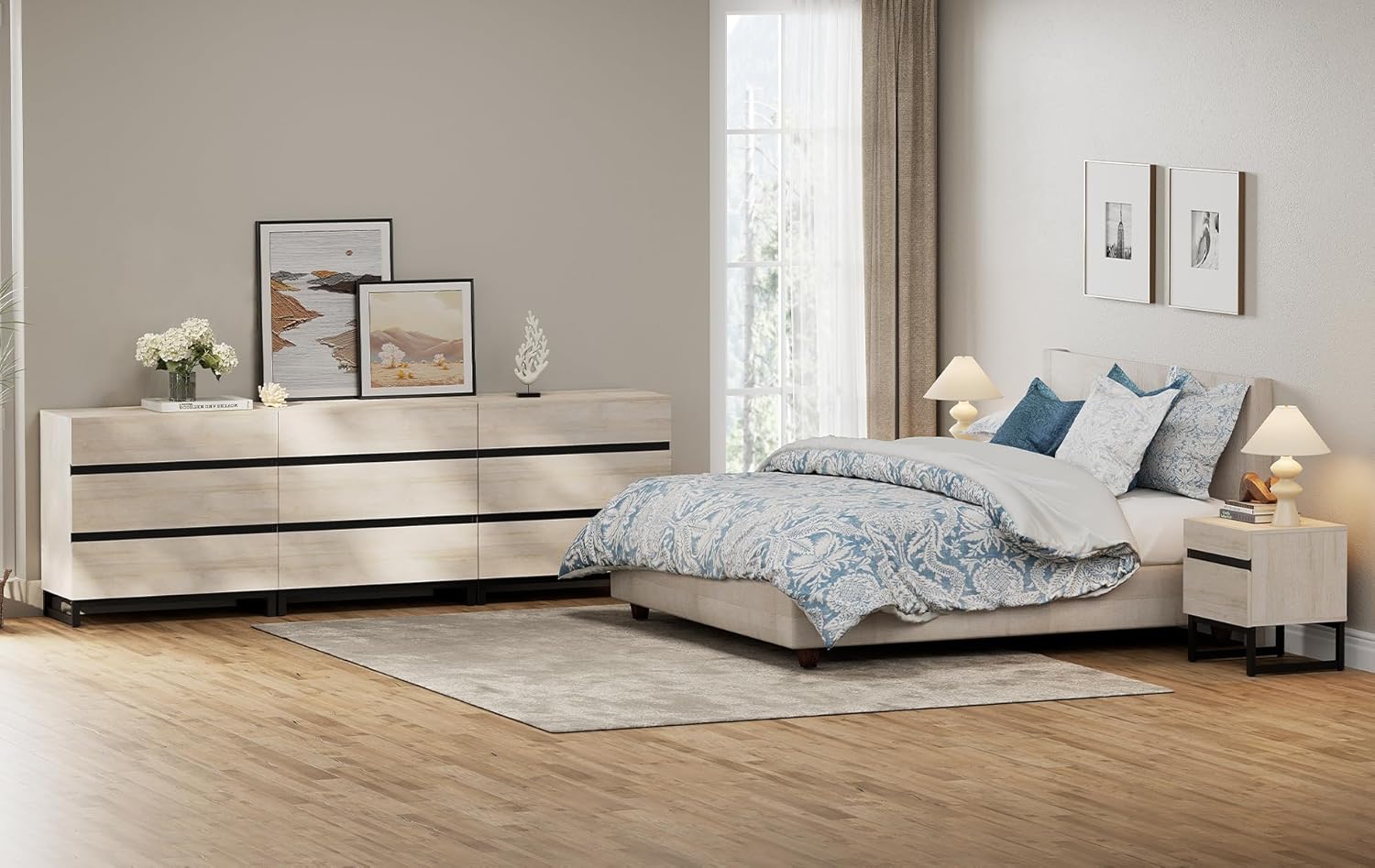 WAMPAT 3-Piece Modern Bedroom Furniture Set, 94.5-Inch Dresser and Chest with 9 Drawers, 2 Nightstands with 2 Drawers, Stylish Bedroom Side Tables, Light Oak