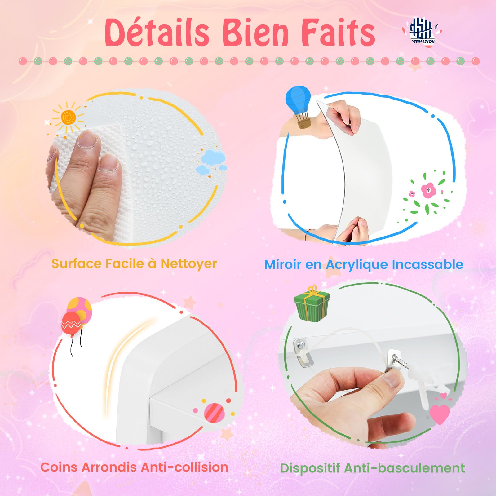 COSTWAY Coiffeuse Enfant Fille avec Chaise & Miroir Lumineux, Bureau Enfant Fille avec 3 Étagères & 3 Tiroirs & 2 Bacs en Tissu, Dispositif Anti-basculement, Charge 50/75kg pour Enfant de 3 Ans+