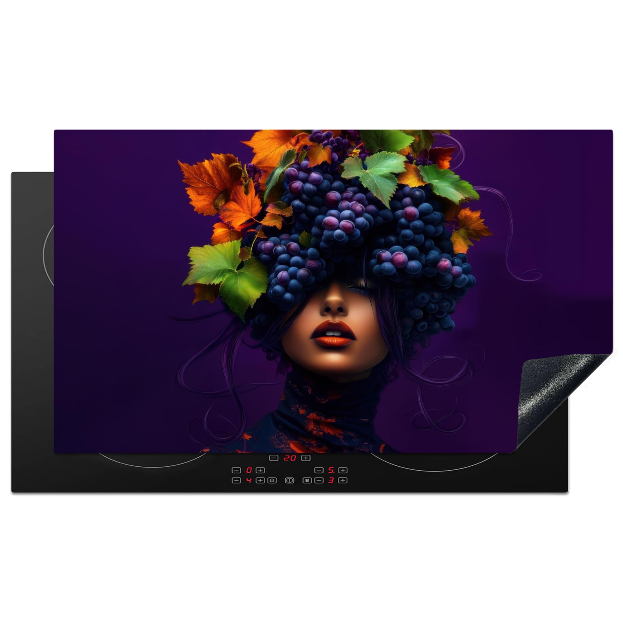 KitchenYeah© Induction Hob Protector Mat 20.3"x35.3" / 89.6x51.6 cm Stove Cap Top Cover Kitchen Cooker Covers for Electric Hobs Vinyl Woman - Purple - Grapes