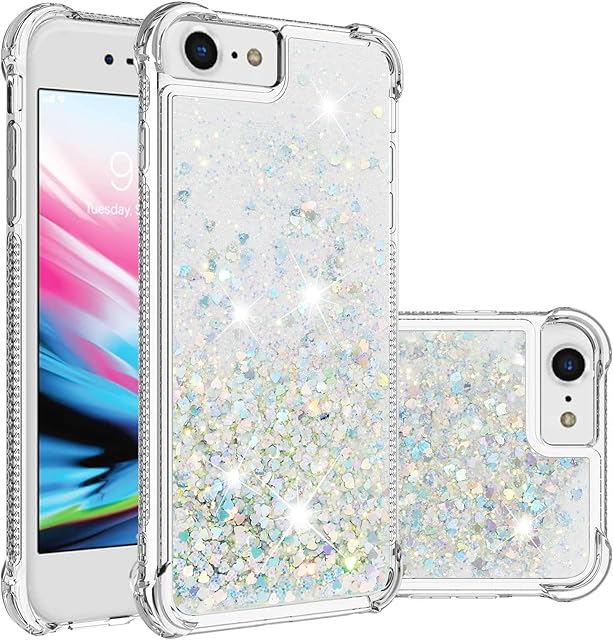 For iPhone SE 2022 Case, iPhone SE 2020 / iPhone 8 / iPhone 7 Case, Girly Bling Glitter Sparkle Quicksand Floating Liquid Clear Transparent Soft Silicone Bumper ShockProof Phone Cover, Silver