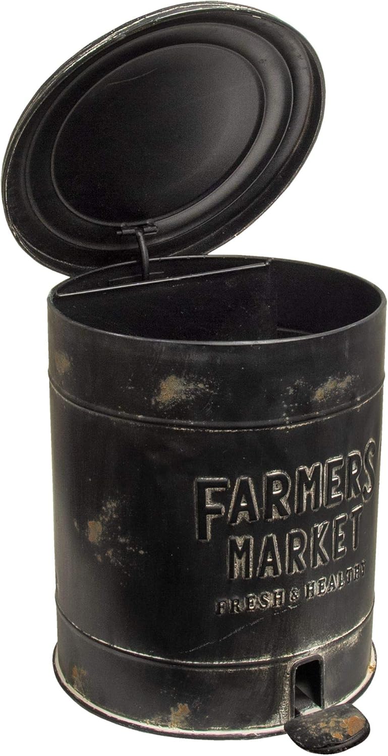 Flash Deals - 70% OFF Primitive Collections Farmers Market Trash bin with Push Pedal: Distressed Black w/Pedal Operation enables Hands-Free Disposal and Keeps Trash Out of Sight Measures 11.75" high by 10.5" in Diameter.