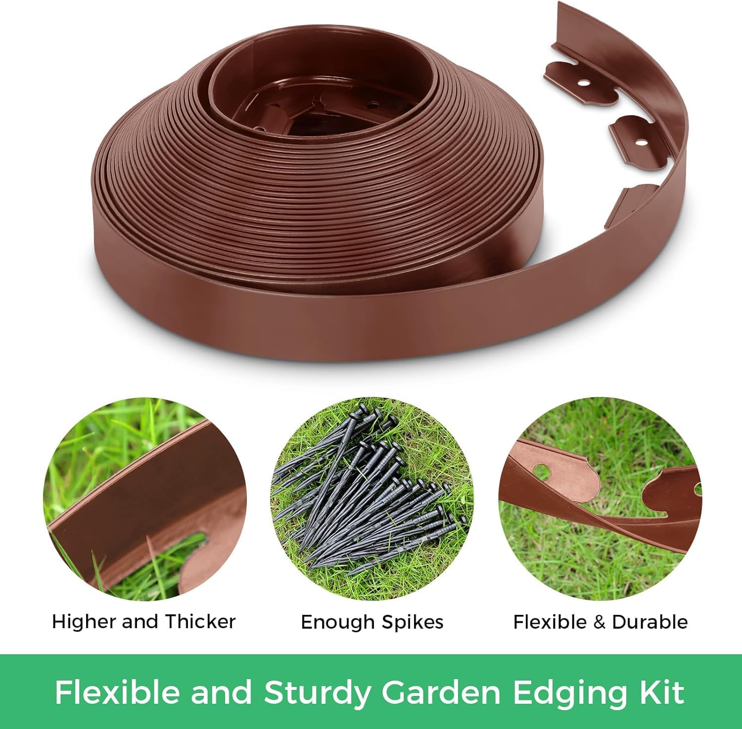 Borde Separador Jardín, Césped Borde, Separador de Piedras, Flexible de Plástico, Longitud 10 m, Altura 5 cm, con Clavijas de sujeccion, Marrón, Negro o Verde. (Marron)
