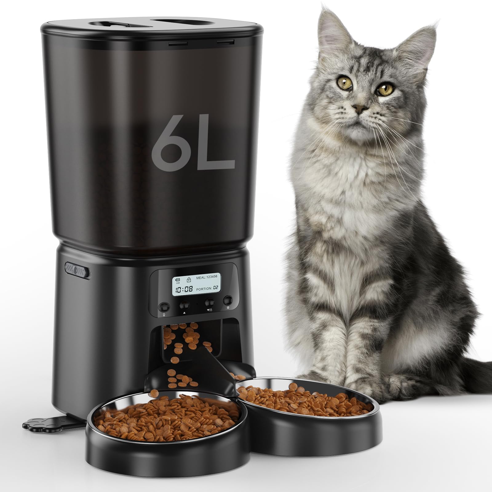 Petrice Automatic Cat Feeder for 2 Cats, 6L/25 Cups Cat Food Dispenser Programmable 30 Portions 6 Meals per Day, Timed Pet Feeder for Kitty Small Dogs with 10S Voice Record, Easy Setup, Black