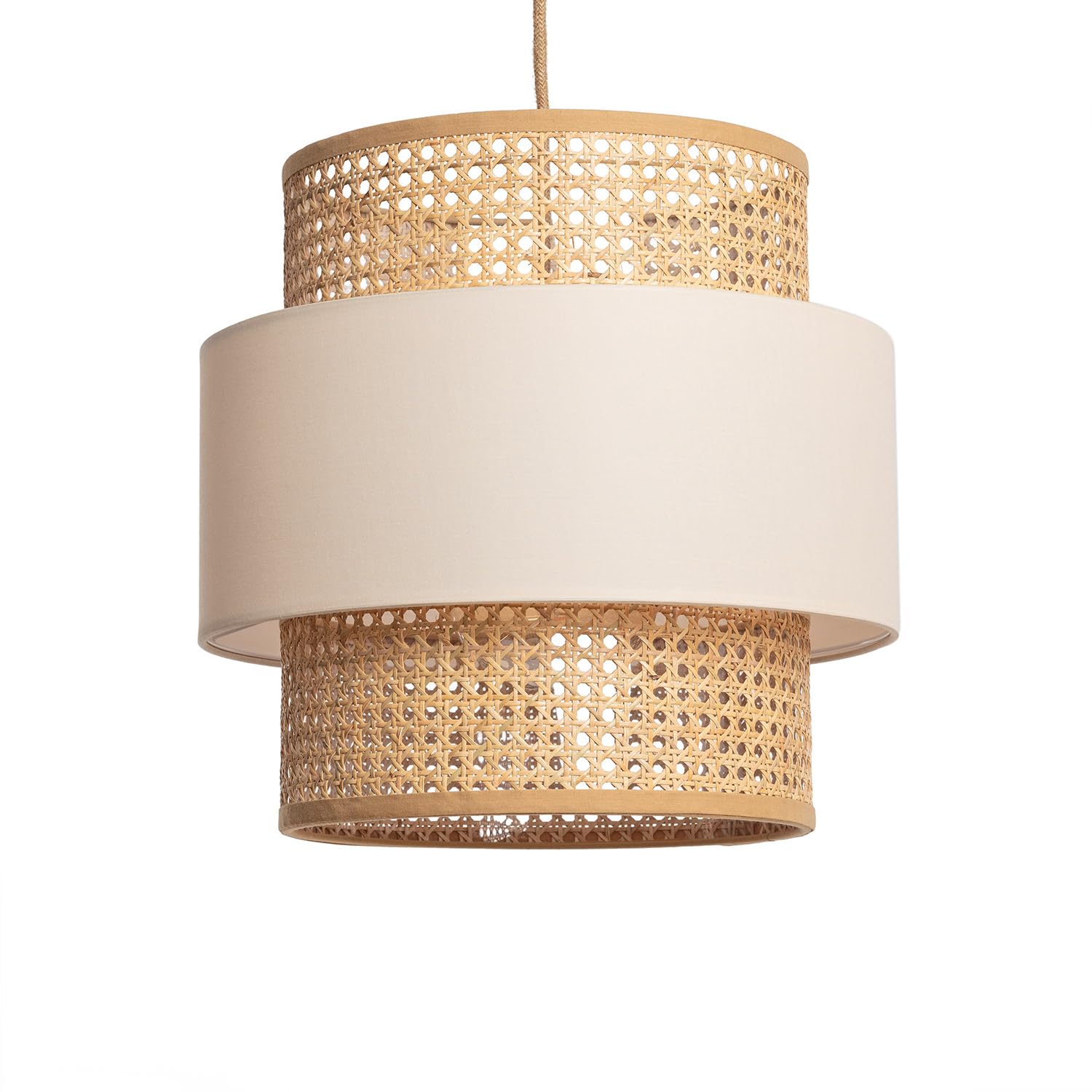 LEDKIA Lampada Sospensione Rattan e Tessuto Amaia Beige | Design Elegante e Versatile | Ideale per Ambienti Rustici o Contemporanei | Facile Installazione