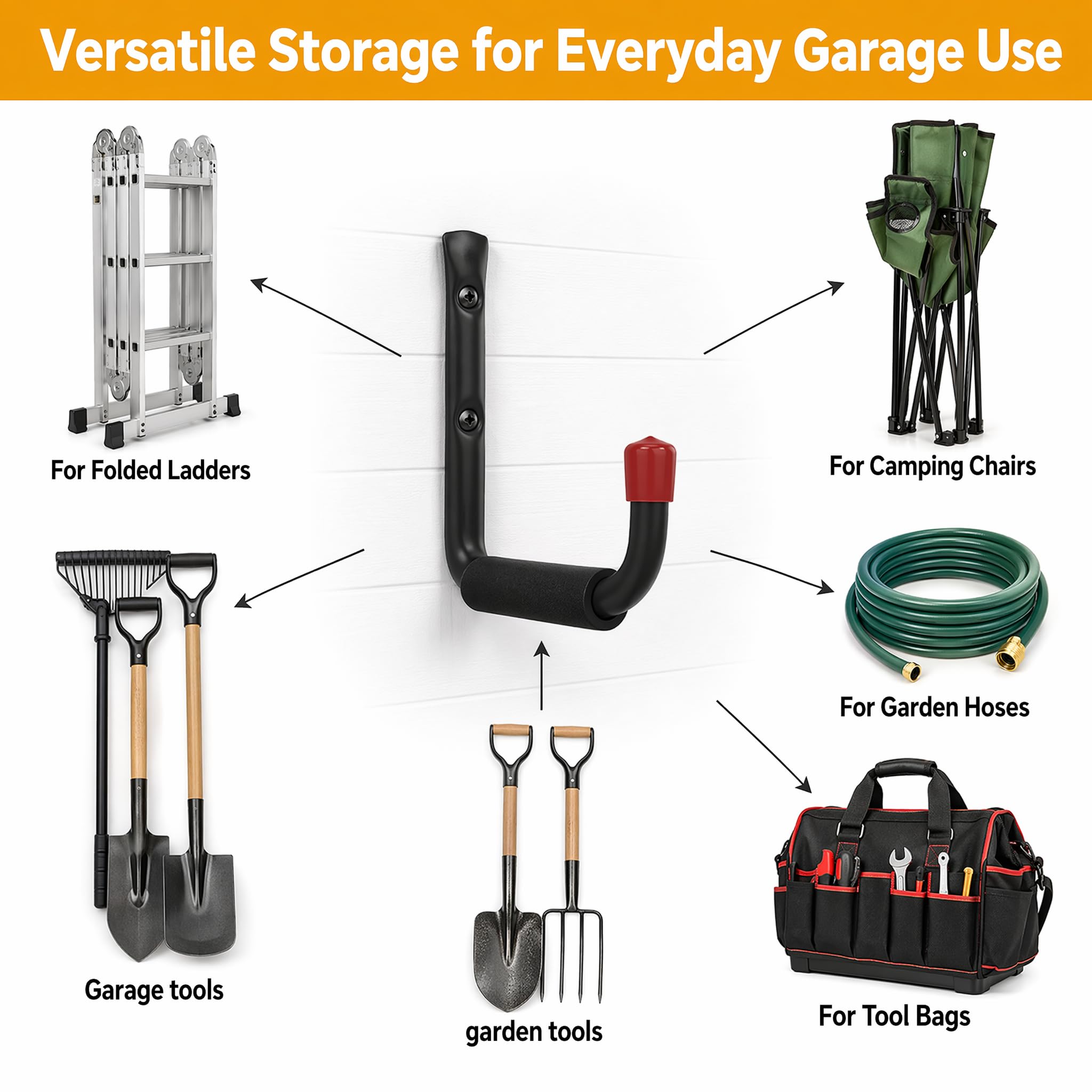Garagenhaken, robust, Stahlhaken mit EVA-Schaum-Polsterung, 38,1 cm, Wandhalterung, J-Organizer, Aufhänger zum Aufhängen von Fahrrädern, Kajaks, Gartenwerkzeugen, Schlauchen, Fahrradregalen, 6