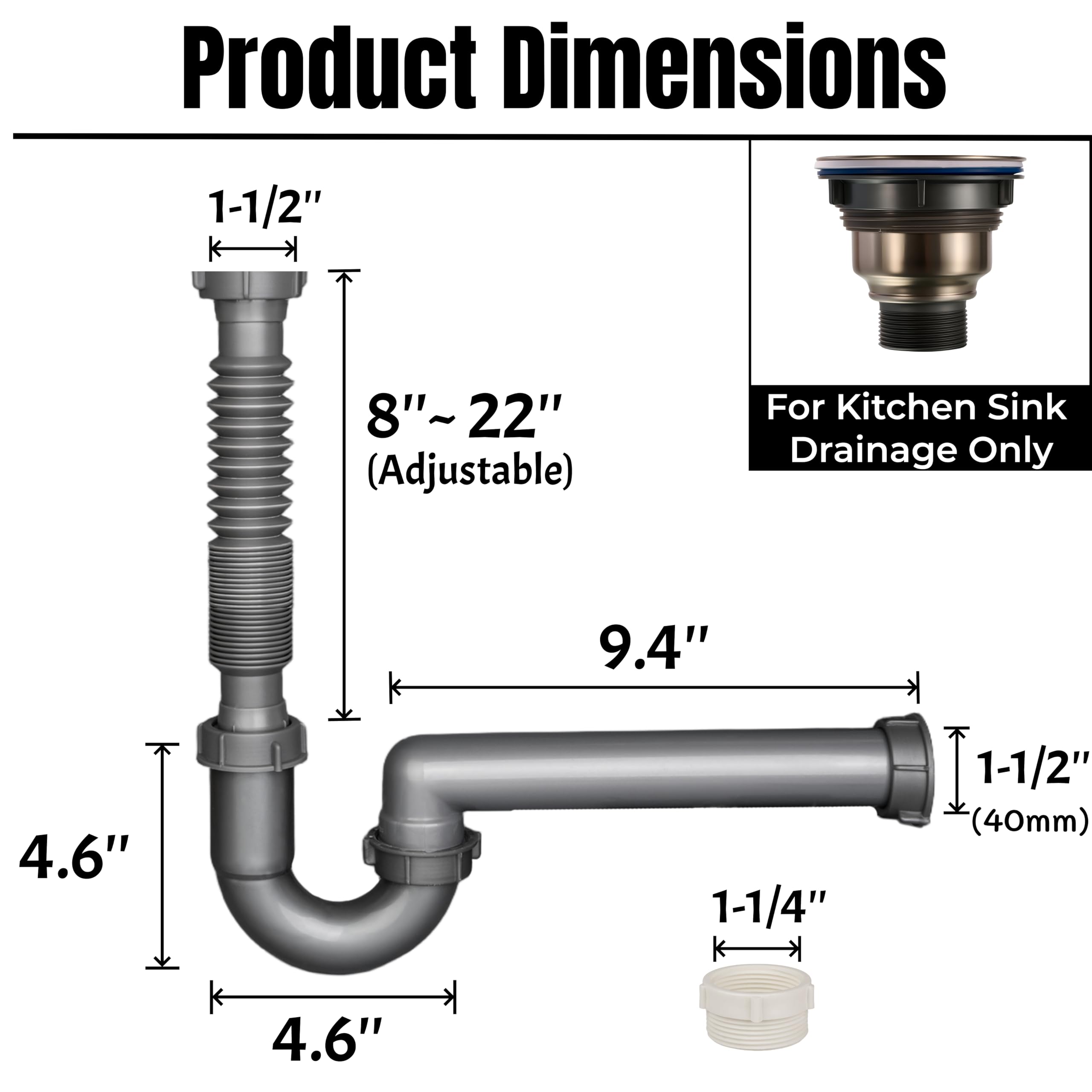 Trampa P expandible y flexible, kit de tubo de drenaje de fregadero de 1-1/2 pulgadas, con adaptador de 1-1/4 pulgadas, drenaje de pared, para fregadero de cocina