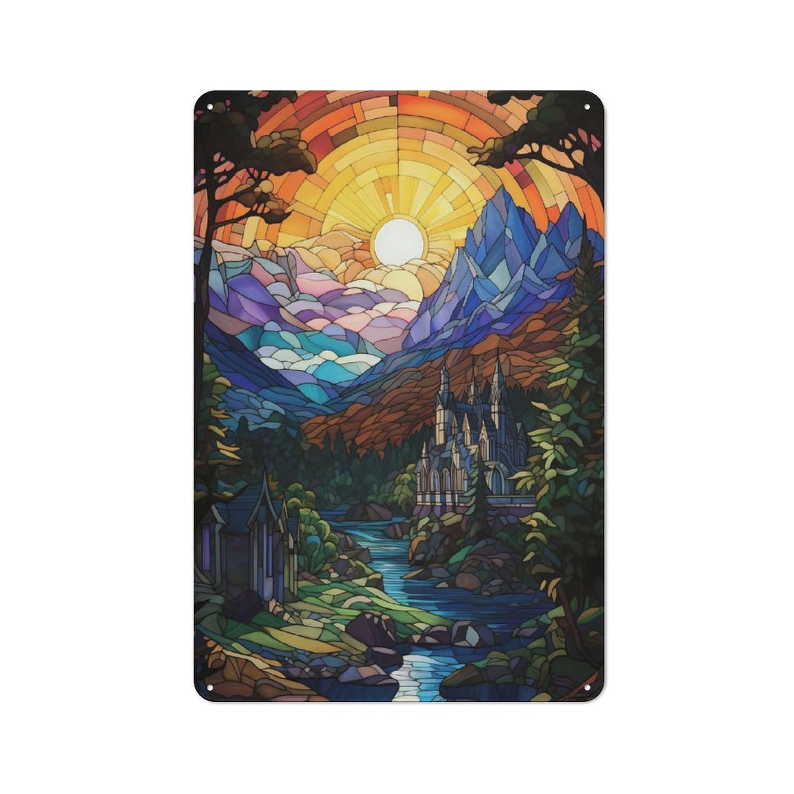 Junmoney Stained Glass Fantasy Landscape With Castle For Garden Room Or Summerhouse, Vintage Tin Sign 30X20cm, For Display In Garden Rooms And Summerhouses
