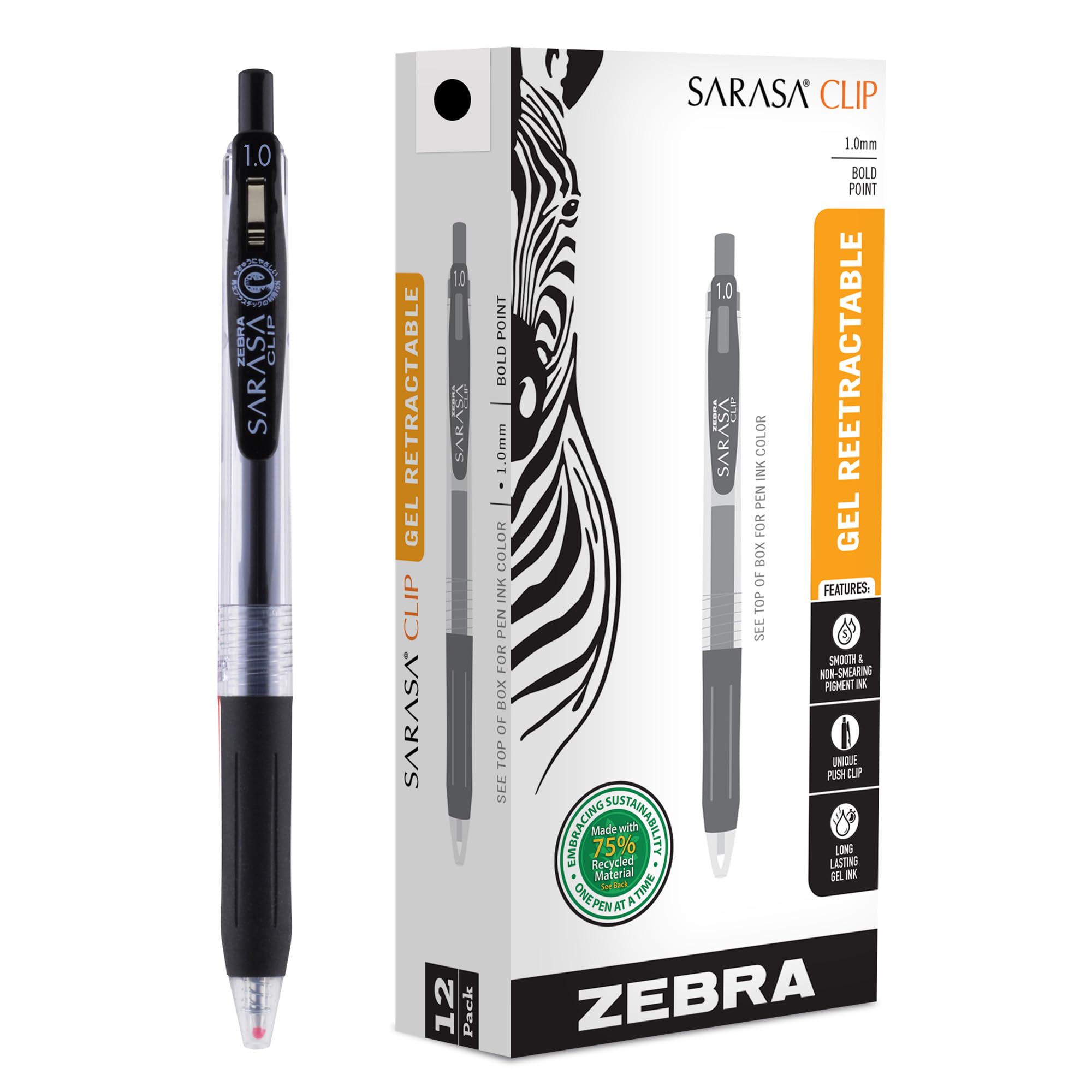 Zebra Pen Sarasa Gelschreiber, einziehbar, dicke Spitze, 1,0 mm, schwarze Tinte, 12 Stück