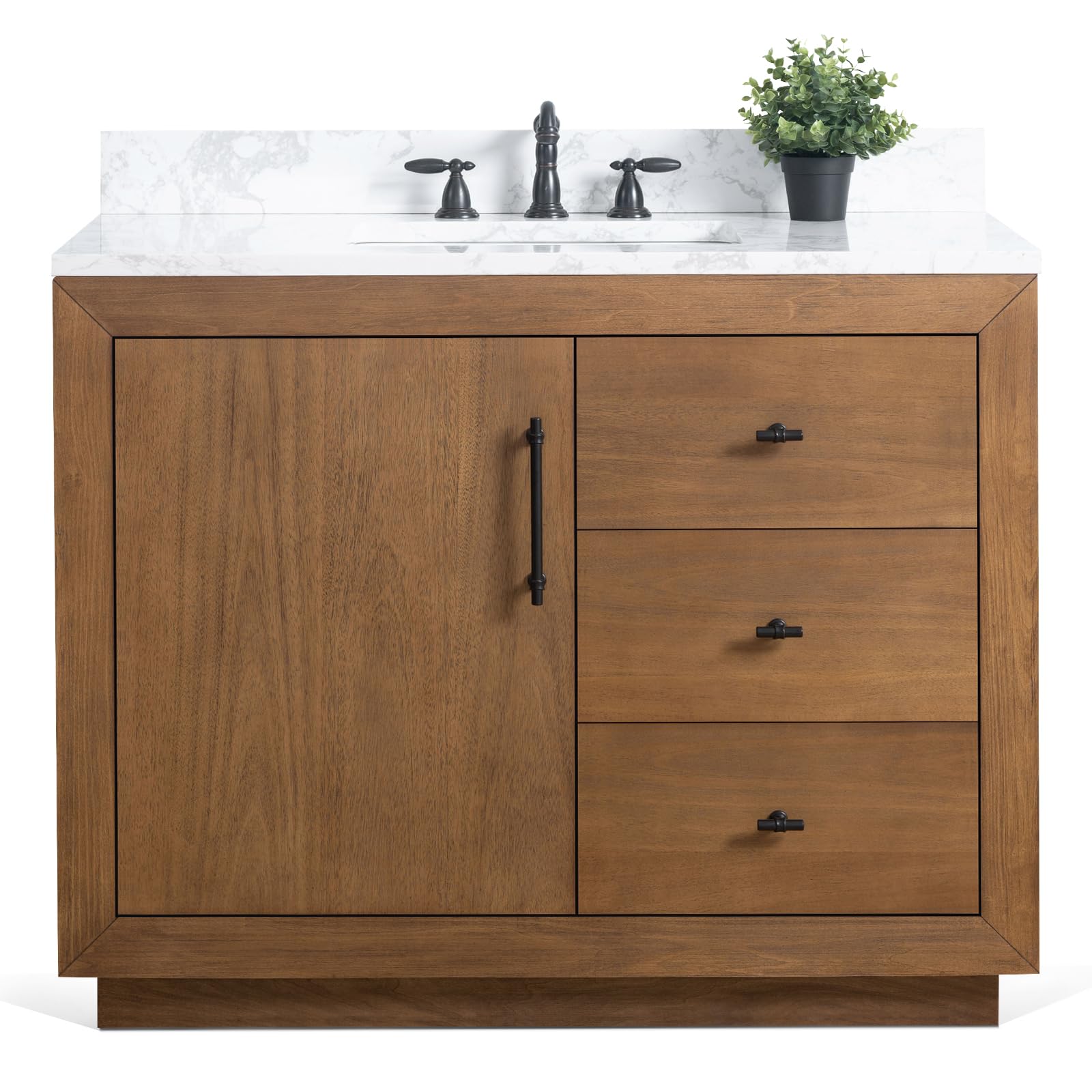 HOMEBEYOND 42" Bathroom Vanity with Single Sink & Ceramic Top, MDF Material Vanity Cabinet with Basin Combo, Soft-Closing Doors, Removable Shelf,