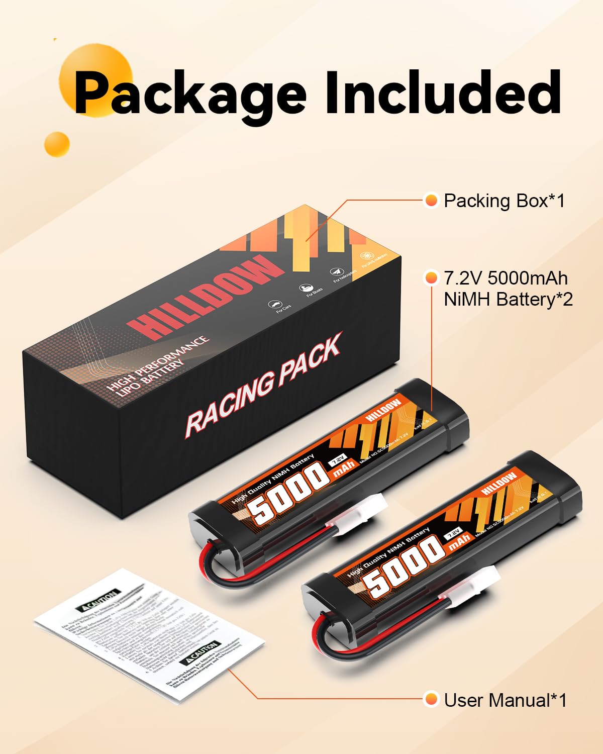 HILLDOW Batería Recargable de NiMH de 5000mAh y 7.2V con Conector TMY para Coches RC, Camiones RC, Vehículos RC y Modelos de Hobby(2 Paquetes)