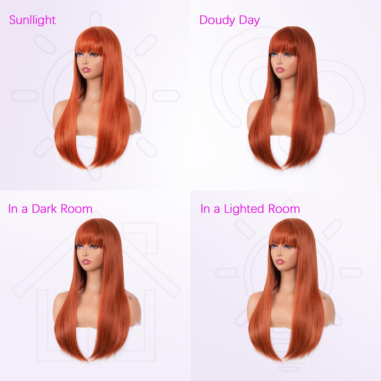T-color Ginger Wig with Bangs for Women – Long Straight Heat Resistant Synthetic Wig for Daily Use, Party, Halloween, Cosplay – 24 Inch Ginger Wigs for Girls: Straight Ginger