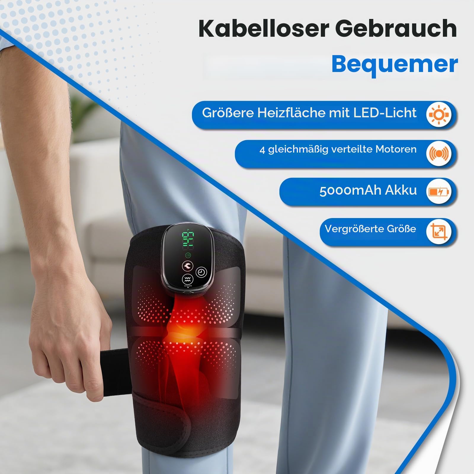Kabellose Beheizte Kniebandage, Knieheizkissen Mit Rotlicht Und Touchscreen-Steuerung, Tragbares Ellbogen-Heizkissen Mit 5 Heizstufen, 3 Massagemodi Und Timer, Integrierter 5000 mAh-Akku, 4 Motoren
