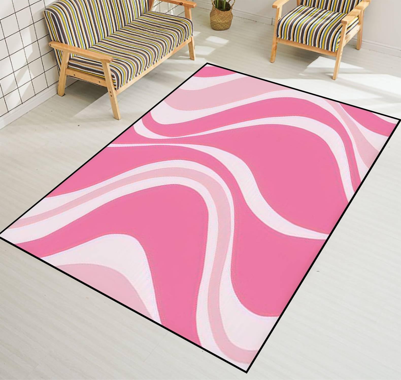Area Rug Non-Slip Rug Pink Psychedelic Seamless Retro 70s 90s 00s