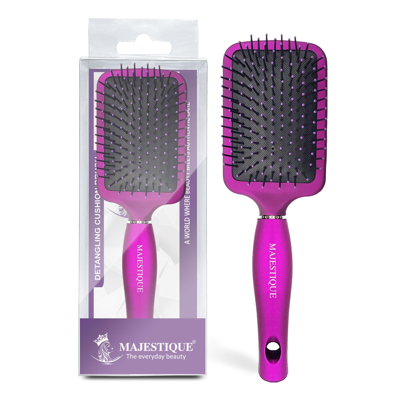 Majestique Premium Paddle Brush for Women & Men | Detangling Purple Brush with Soft Ball-Tip Nylon Bristles | Cushion Scalp Massager for Wet & Dry Hair | Suitable for Straight, Curly, Wavy & Thick Hair-picture-26