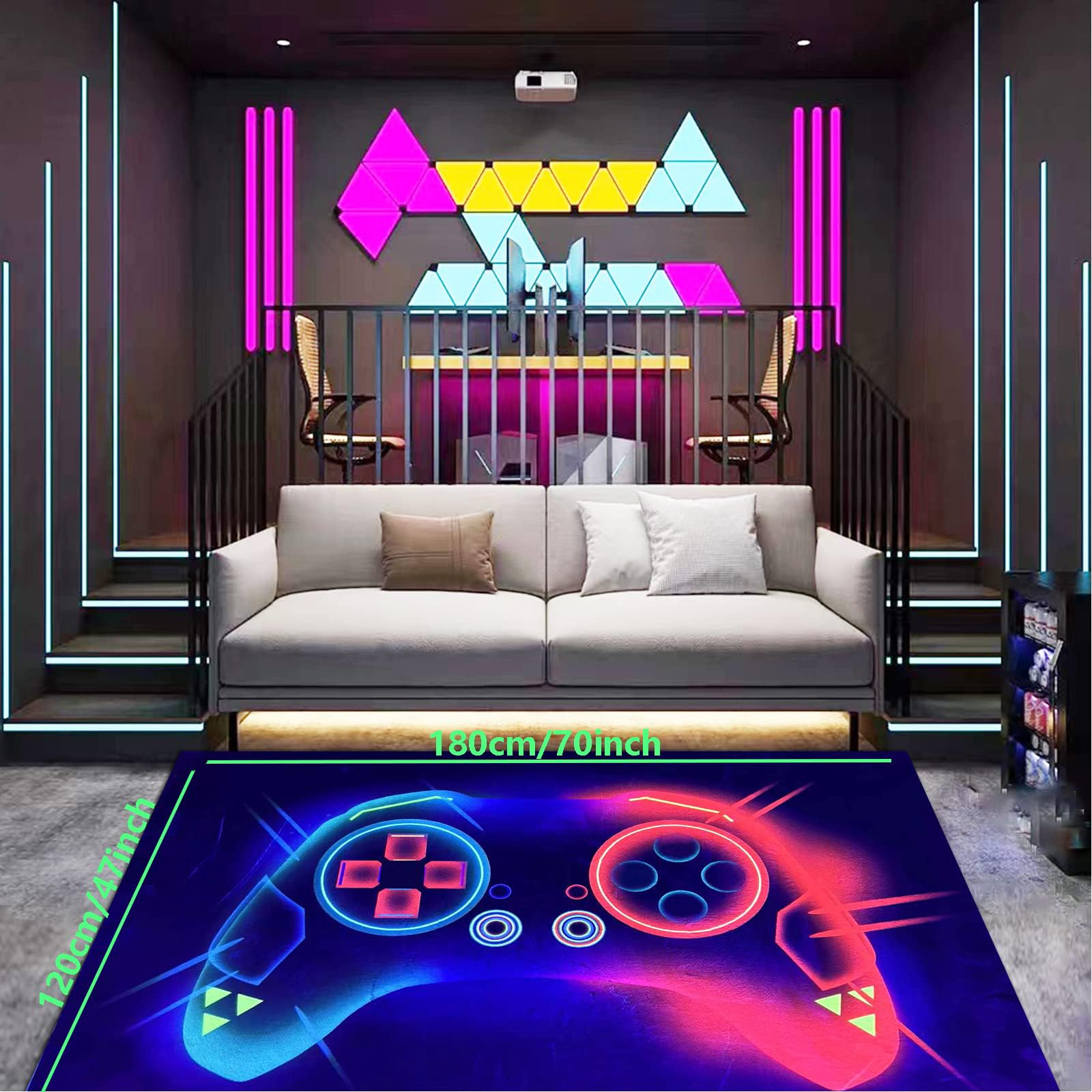 HOLAVIDA Alfombra de Juego 3D, Neón Controlador Reactivo Luz Negra, Luminosa Antideslizante, Brilla Oscuridad, Decoración Niños, 180x120cm