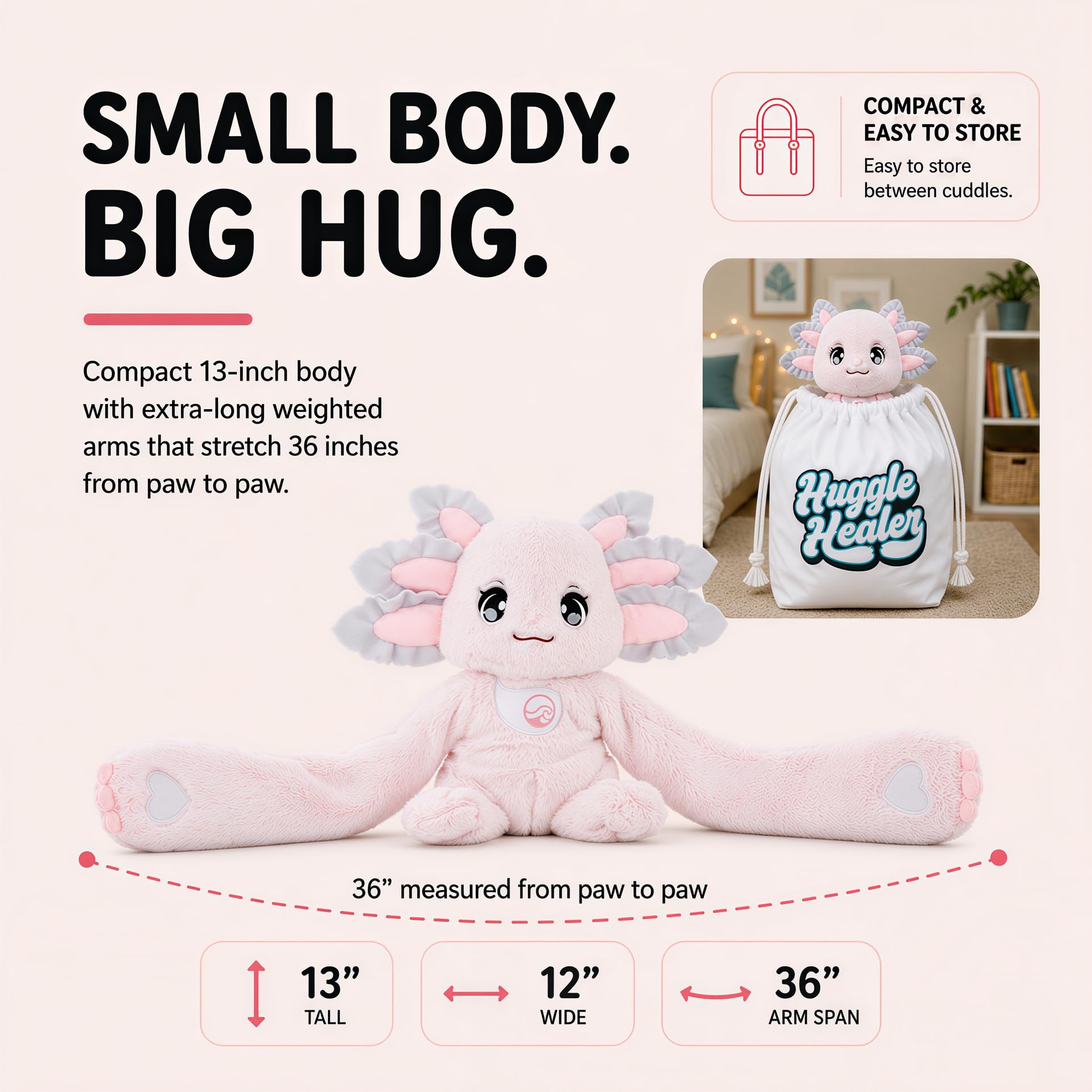 Huggle Healers Animaux en peluche lestés pour adultes, adolescents et enfants – Bras en peluche rose de 91,4 cm de long pour câlins – Peluches axolotl de 2,04 kg – Ula Axolotl