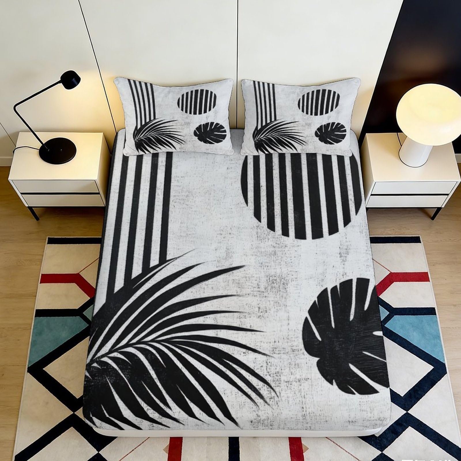 3D Printed Monochrome Leaf Fitted Sheet Microfiber Soft Art Striped Bed Cover for Bedroom Dorm Decor 90x200x25cm