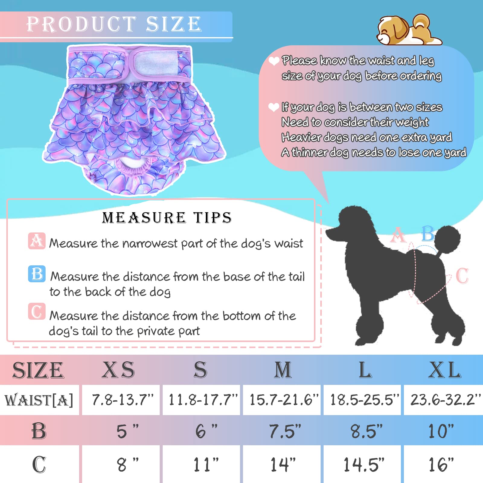 Reusable Dog Diapers Female, Pack of 3 Washable Highly Absorption Puppies Dogs Diapers for Period Heat Panties or Excitable Urination (Fish Scales, L)