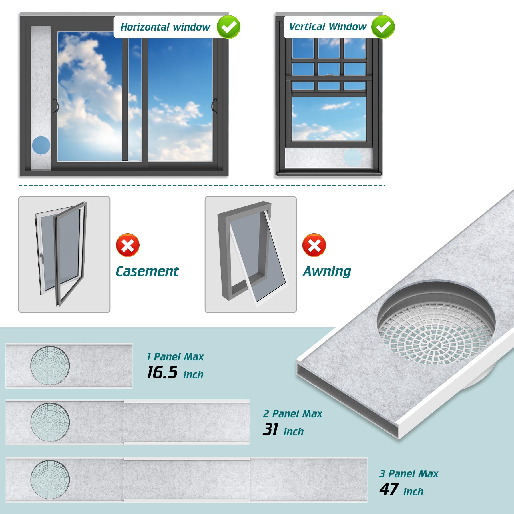 Daisypower Kit de ventana de aire acondicionado portátil con aislamiento de espuma, aislamiento térmico y ruido, paneles de sellado ajustables para manguera de CA, se adapta a una ventana doble