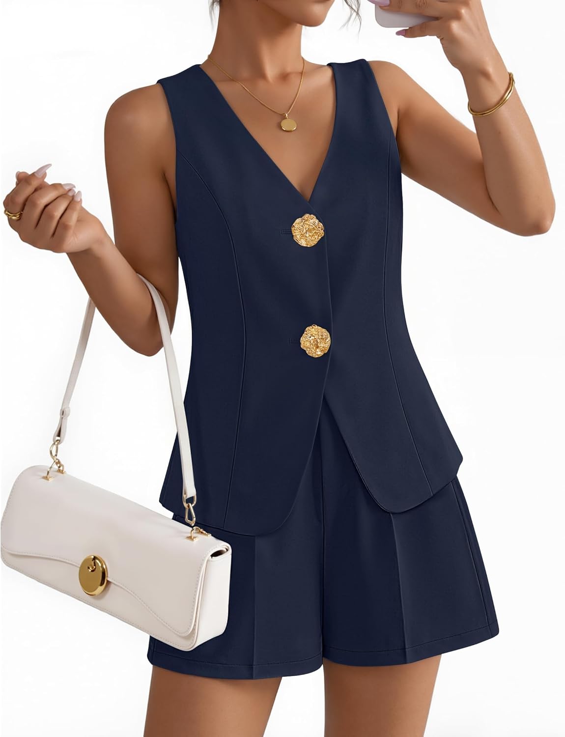 ZESICA Women’s Summer Casual 2 Piece Short Sets 2026 Button Suit Vest Tops Shorts Dressy Business Work Outfits