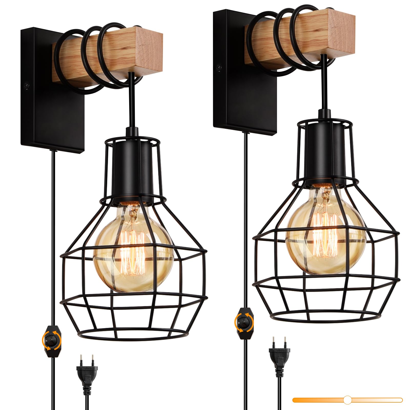 ENCOFT Wandleuchte Innen mit Stecker 2er, Holz Wandlampe Schwarz mit Dimmbar Schalter,E27 Wandleuchte Metall Retro Industrial Wall Lamp für Schlafzimmer Treppenhaus Wohnzimmer Flur (Ohne Glühbirne)