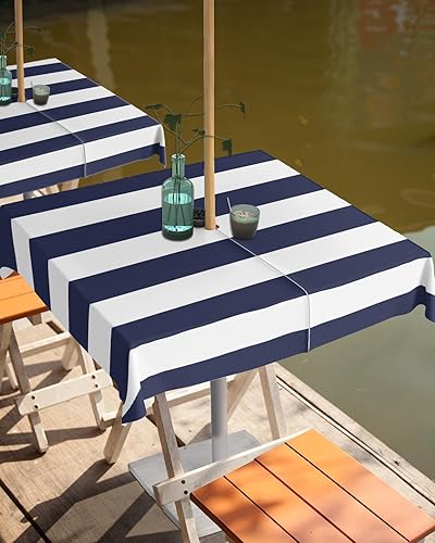 Miniatura 2 de Mantel cuadrado para exteriores de 60 pulgadas, color azul marino y blanco, a rayas con agujero para paraguas, mantel con cremallera, impermeable,
